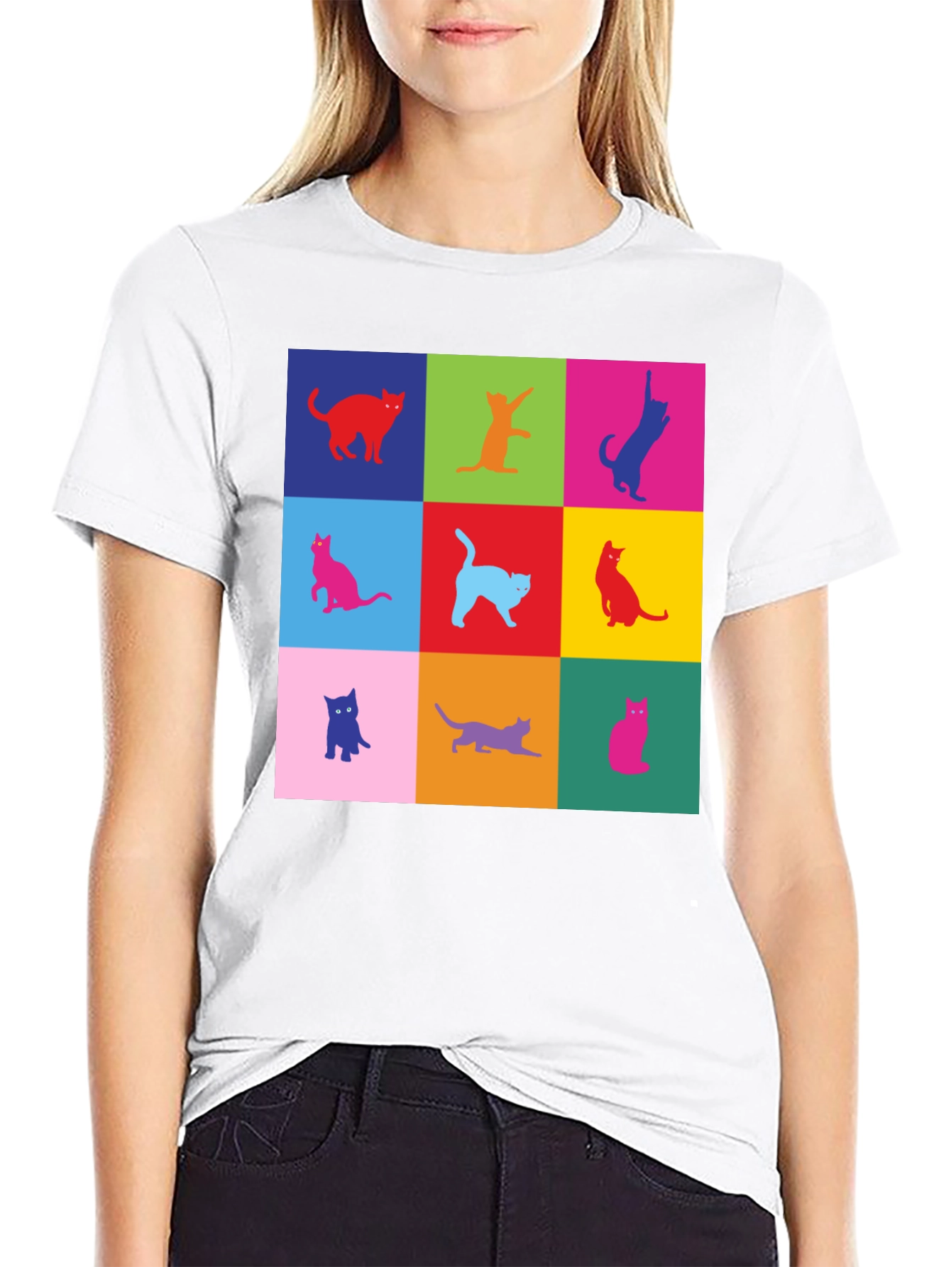 Black Colorful Cats Graphic T-Shirt view 9
