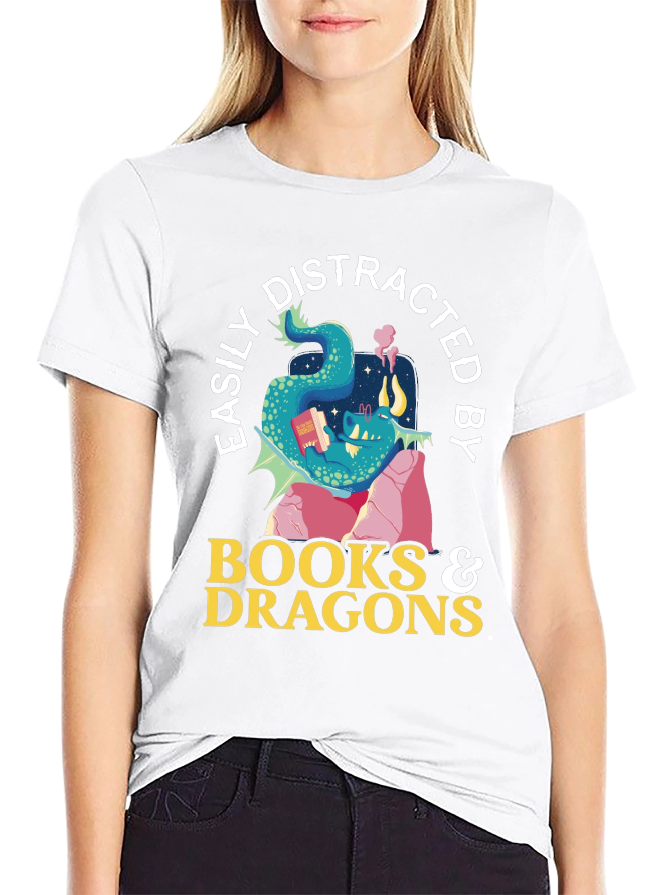 Black Easily Distracted by Books and Dragons T-Shirt view 9