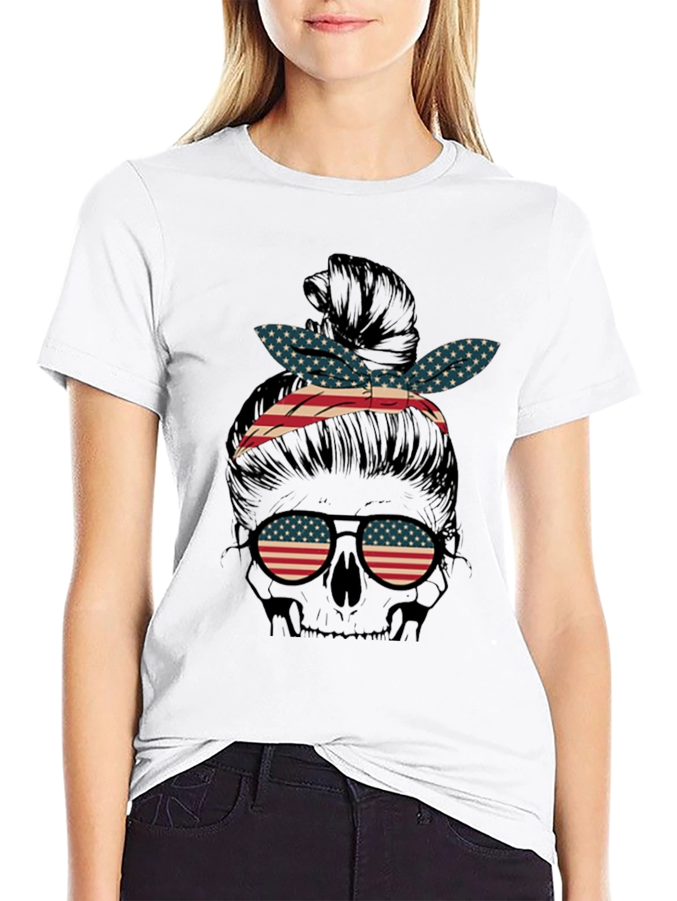 Black American Flag Skull Messy Bun Graphic Tee view 9