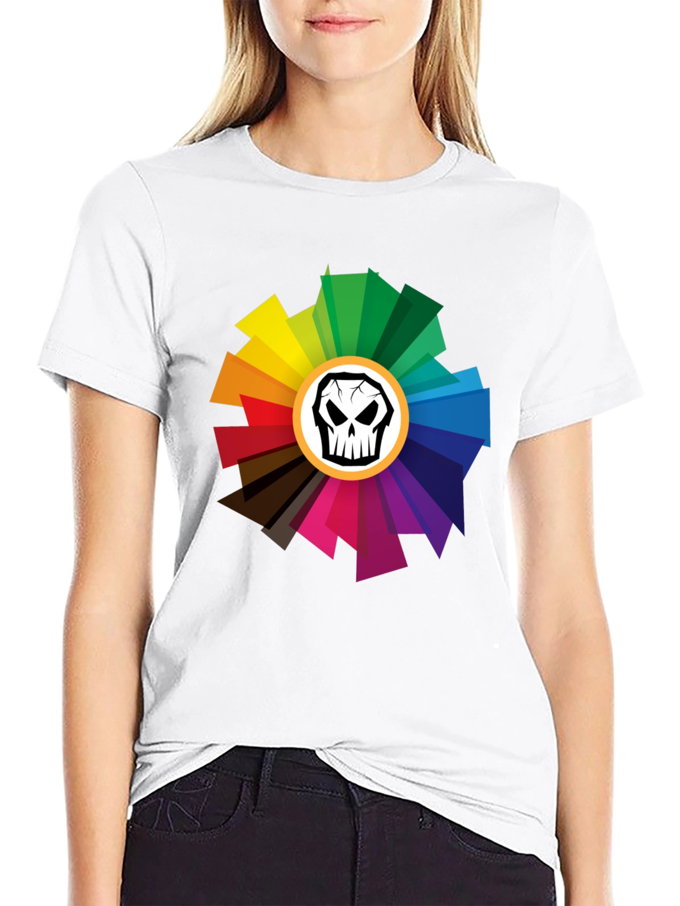 Black Skull Color Wheel Black T-Shirt - Unique Design view 9