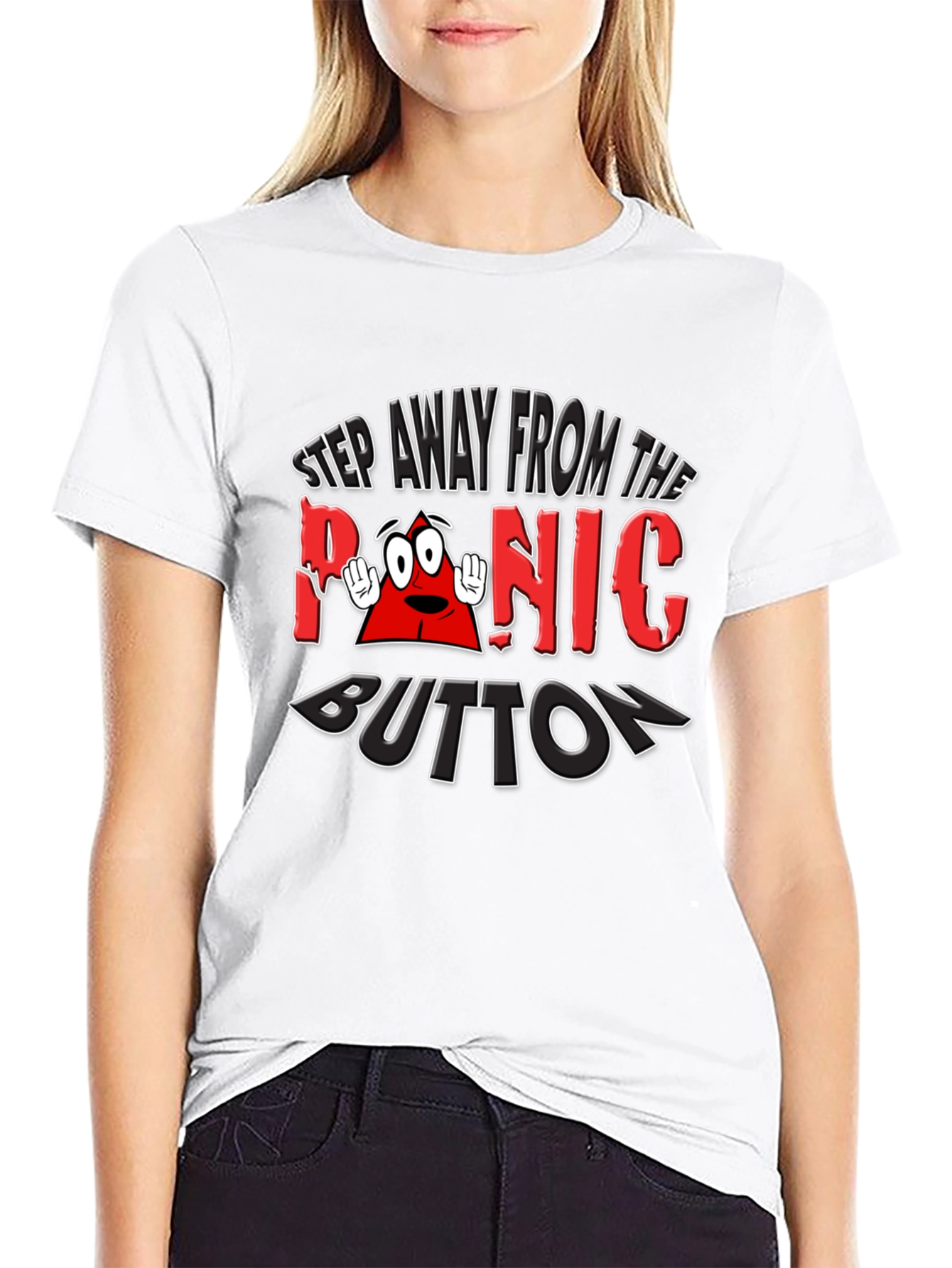 Black Panic Button Graphic T-Shirt Funny Tee view 9