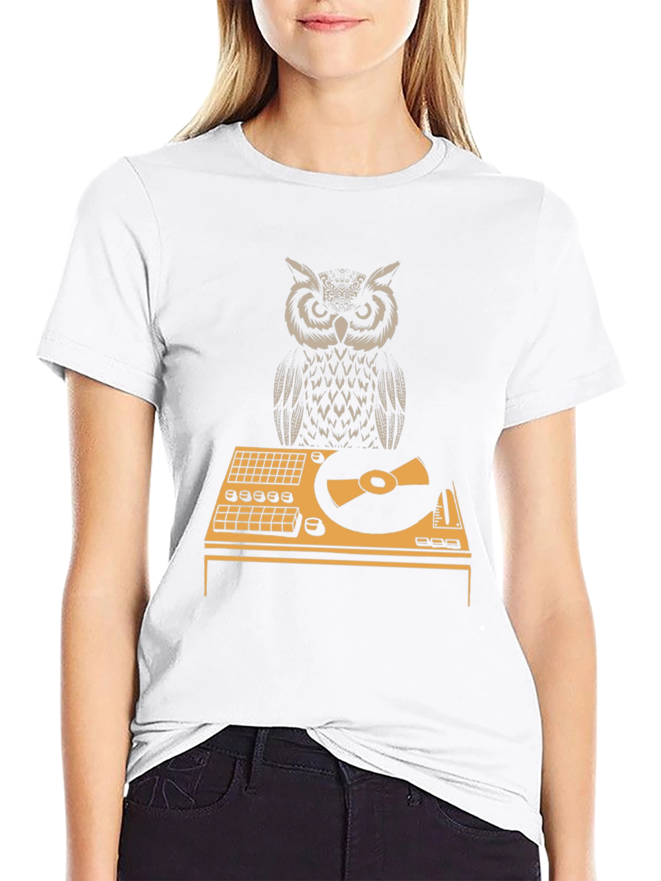 Black DJ Owl Graphic Tee - Black Cotton T-Shirt view 9