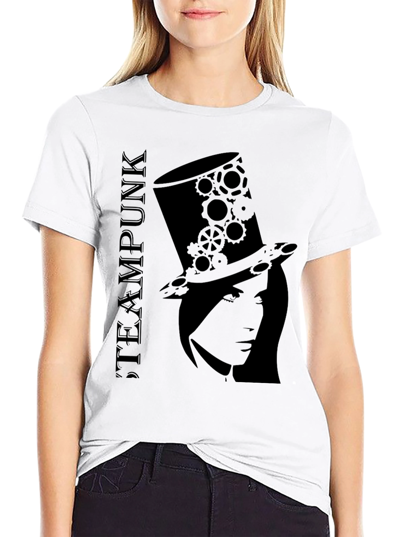 Black Steampunk Top Hat Woman Black T-Shirt view 9