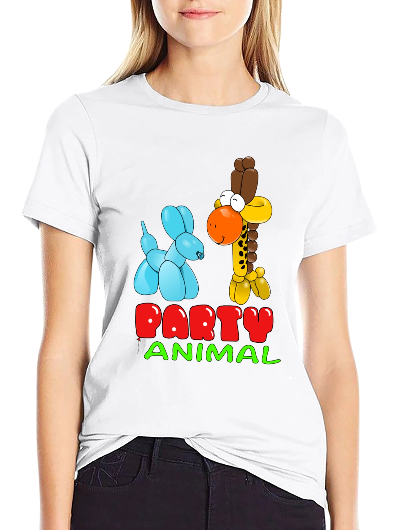Black Party Animal T-Shirt with Balloon Giraffe and Dog Design view 9