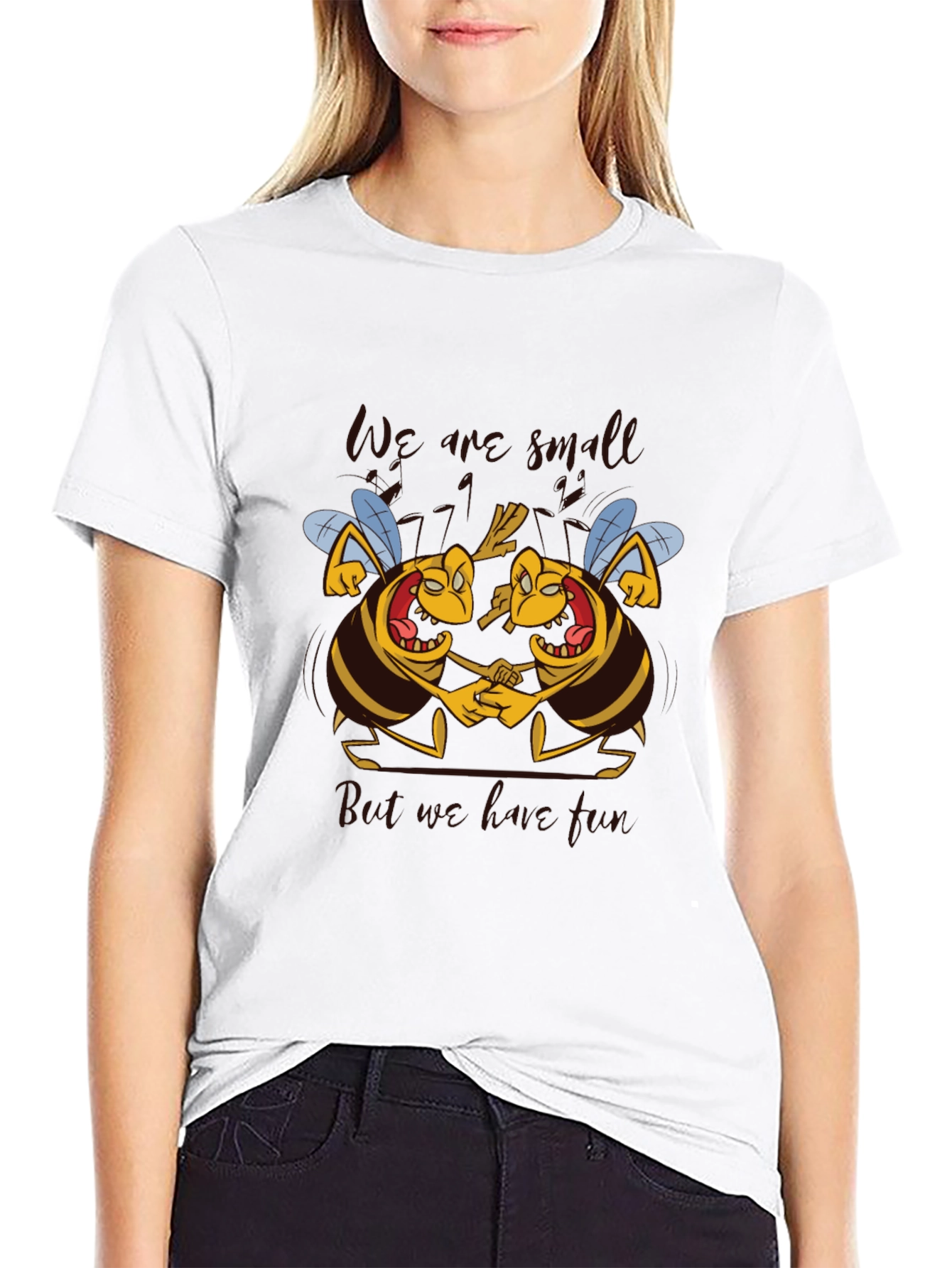 Black Cartoon Bee Graphic Tee - We are Small But We are Free T-Shirt view 9