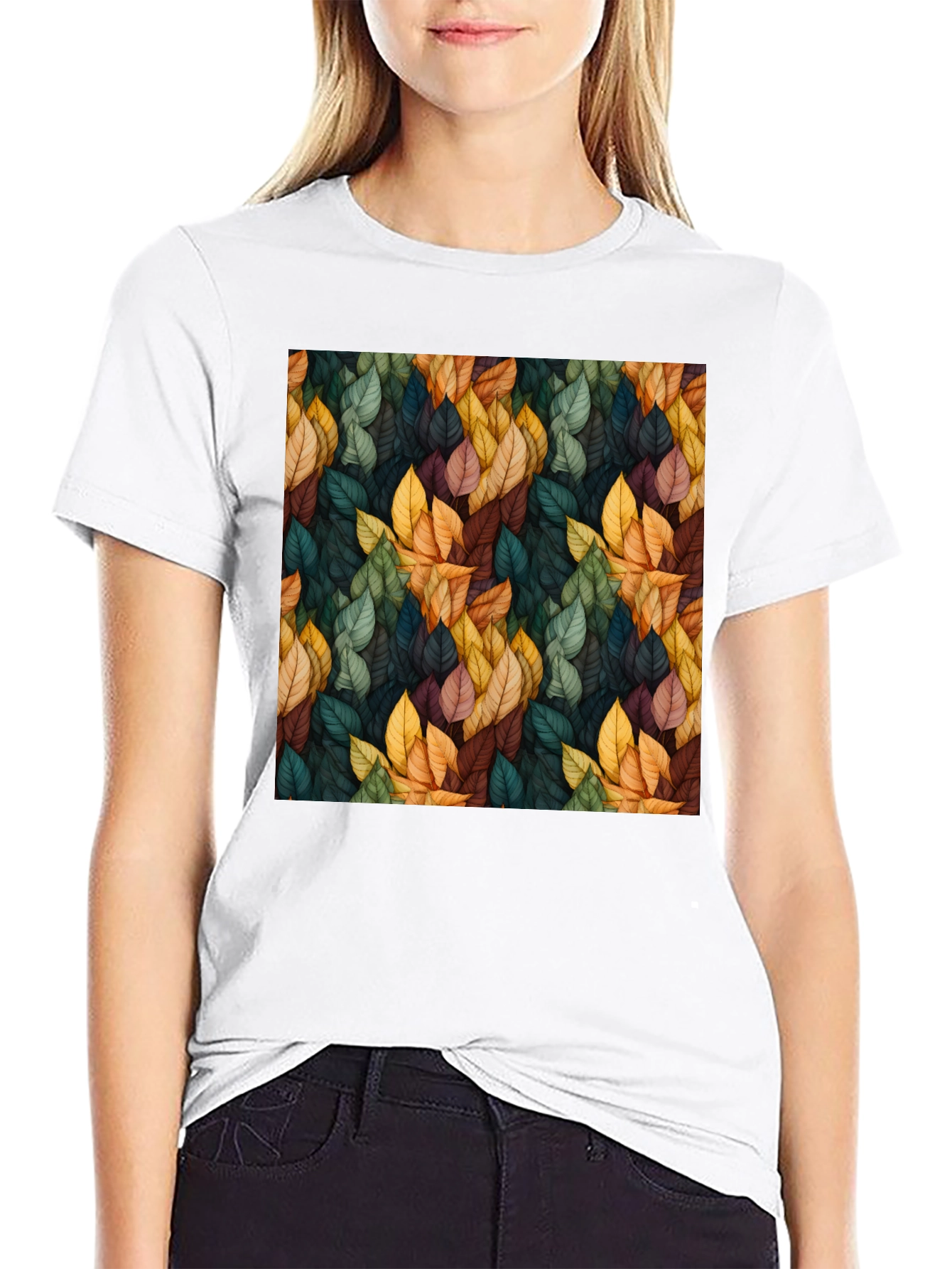 Black Autumn Leaf Pattern Black T-Shirt view 9