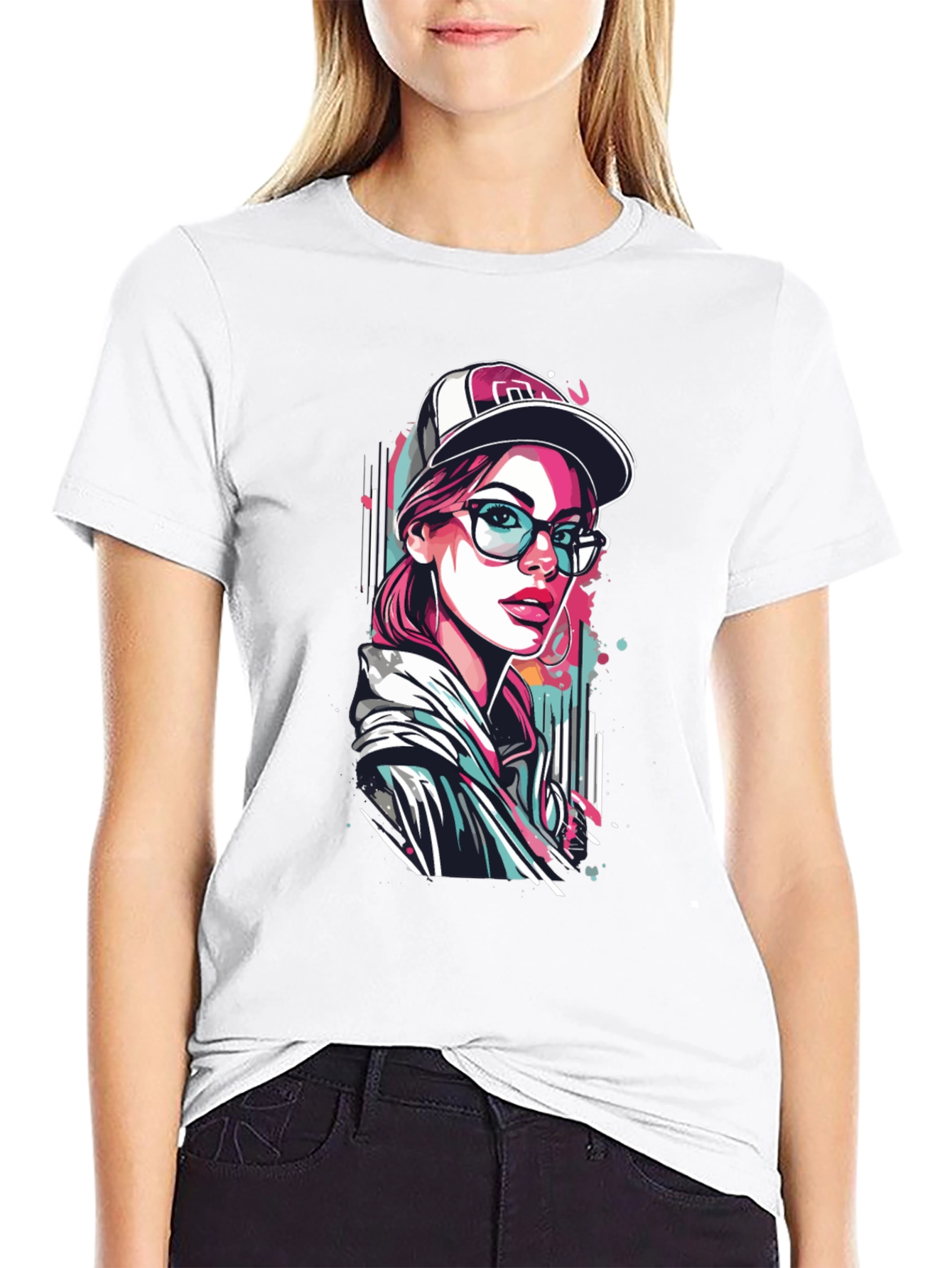Black Stylish Woman Graphic Print Black T-Shirt view 9