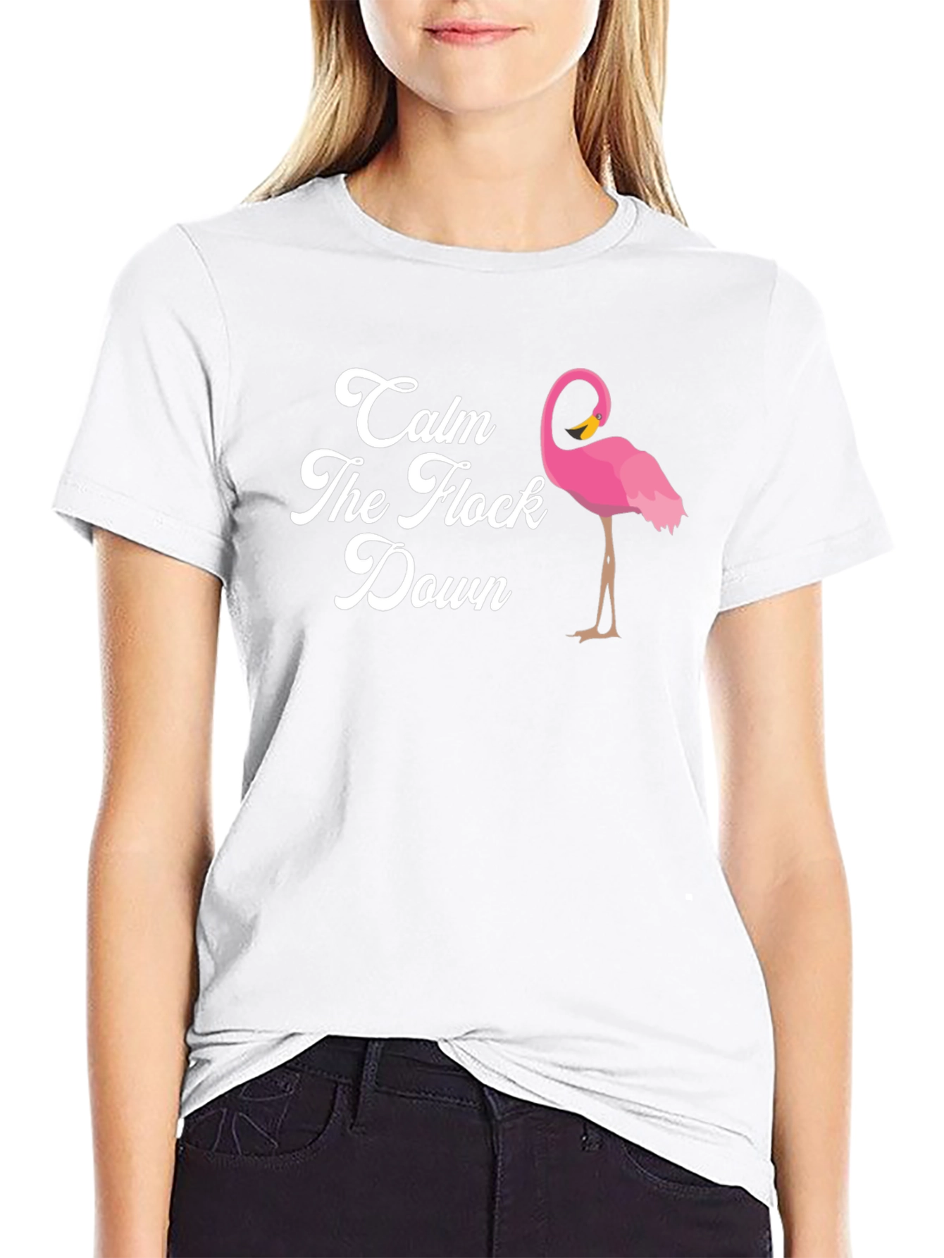 Black Calm The Flock Down T-Shirt, Funny Flamingo Tee view 9