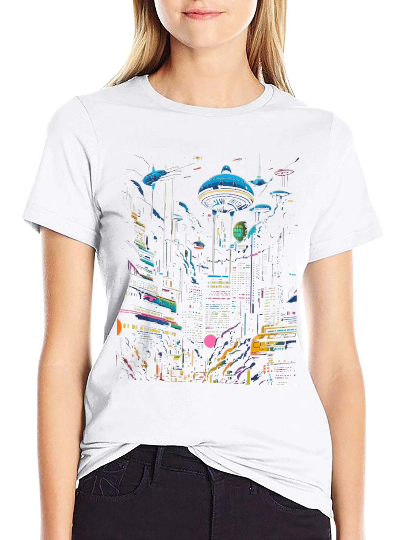 Black Neon Cityscape Graphic Tee - Retro Future Design view 9