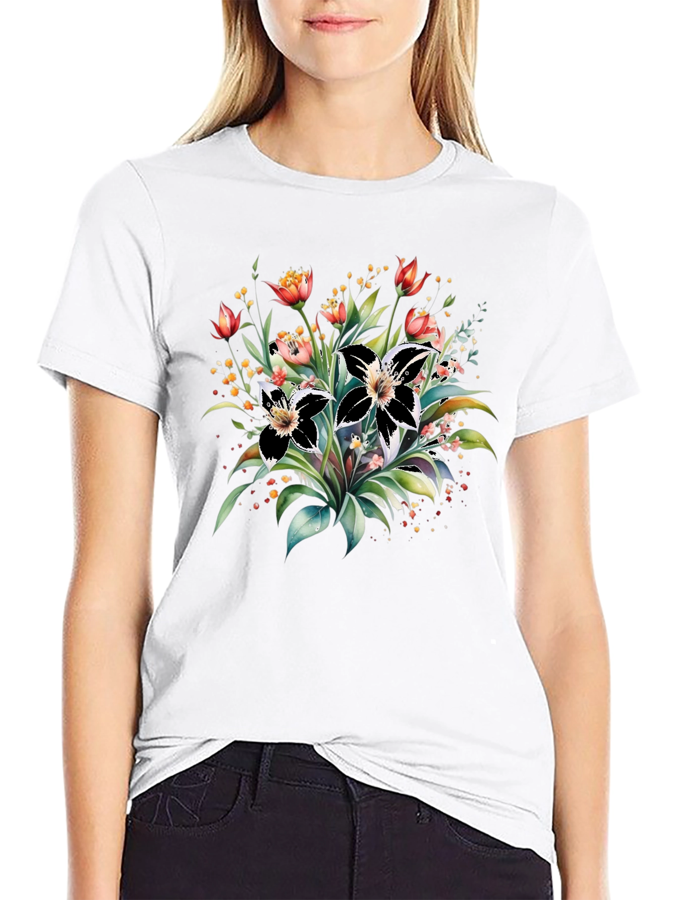 Black Floral Print Black T-Shirt view 9