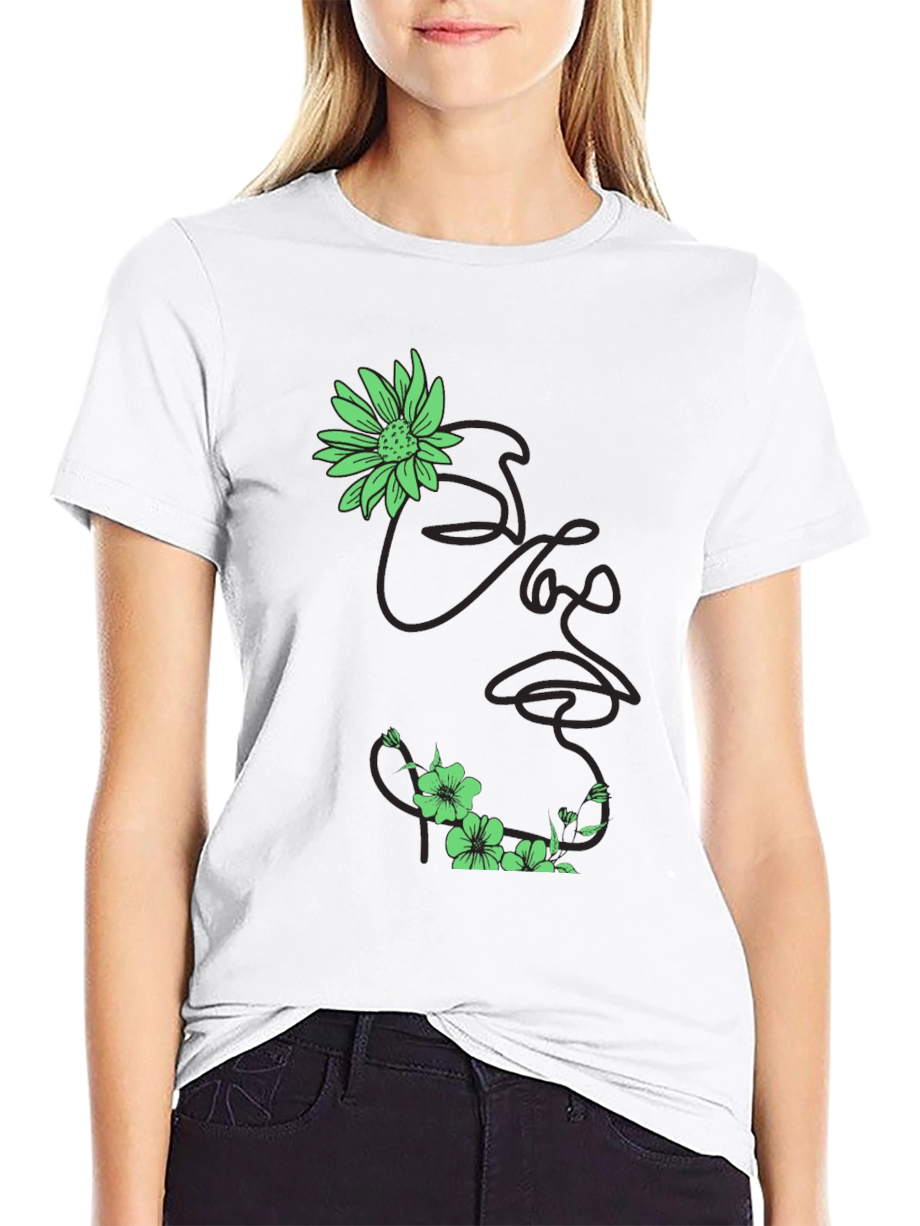 Black Floral Face Line Art Black T-Shirt view 9