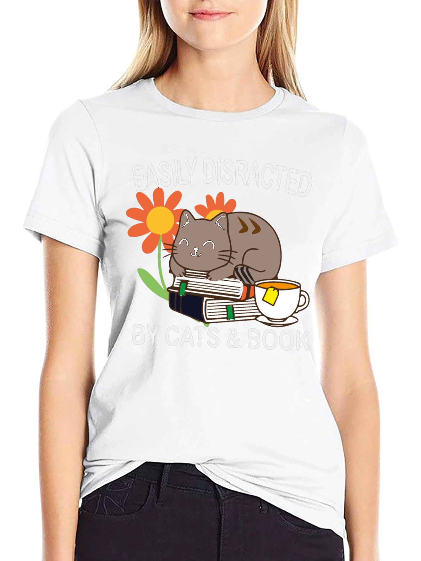 Black Easily Distracted By Cats & Books T-Shirt view 9