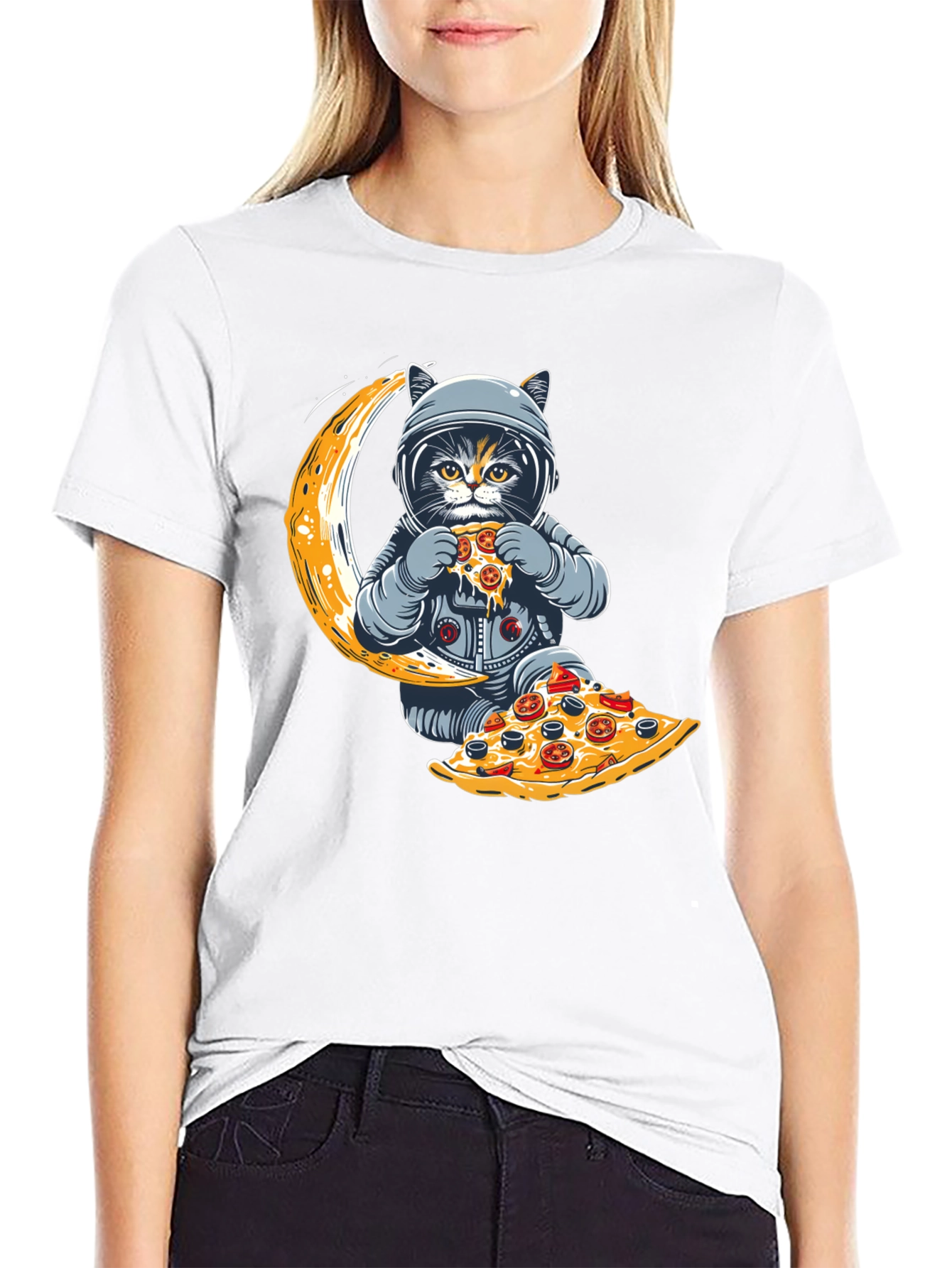 Black Astronaut Cat Pizza Moon T-Shirt view 9