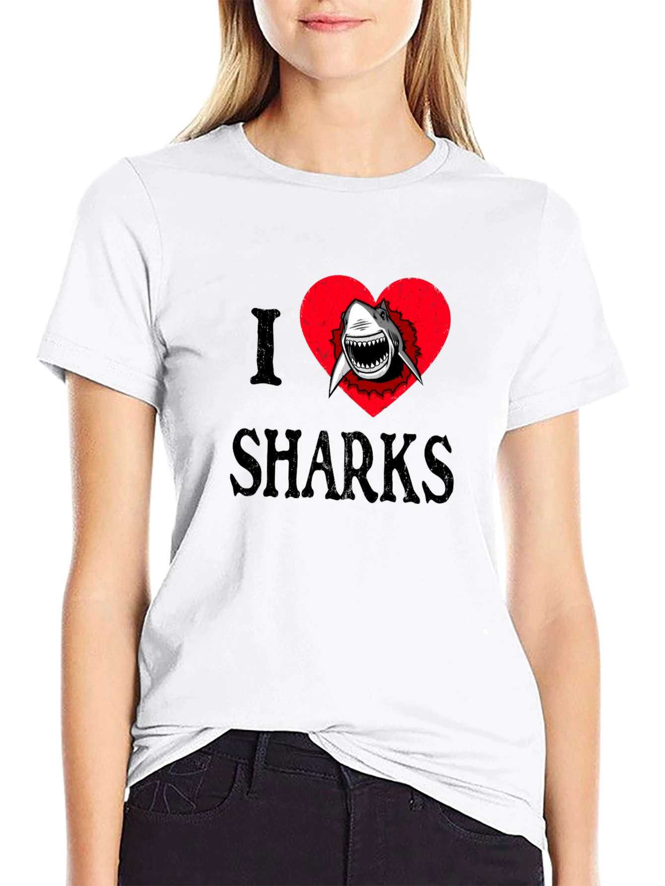 Black I Heart Sharks Graphic Tee - Black Cotton T-Shirt view 9