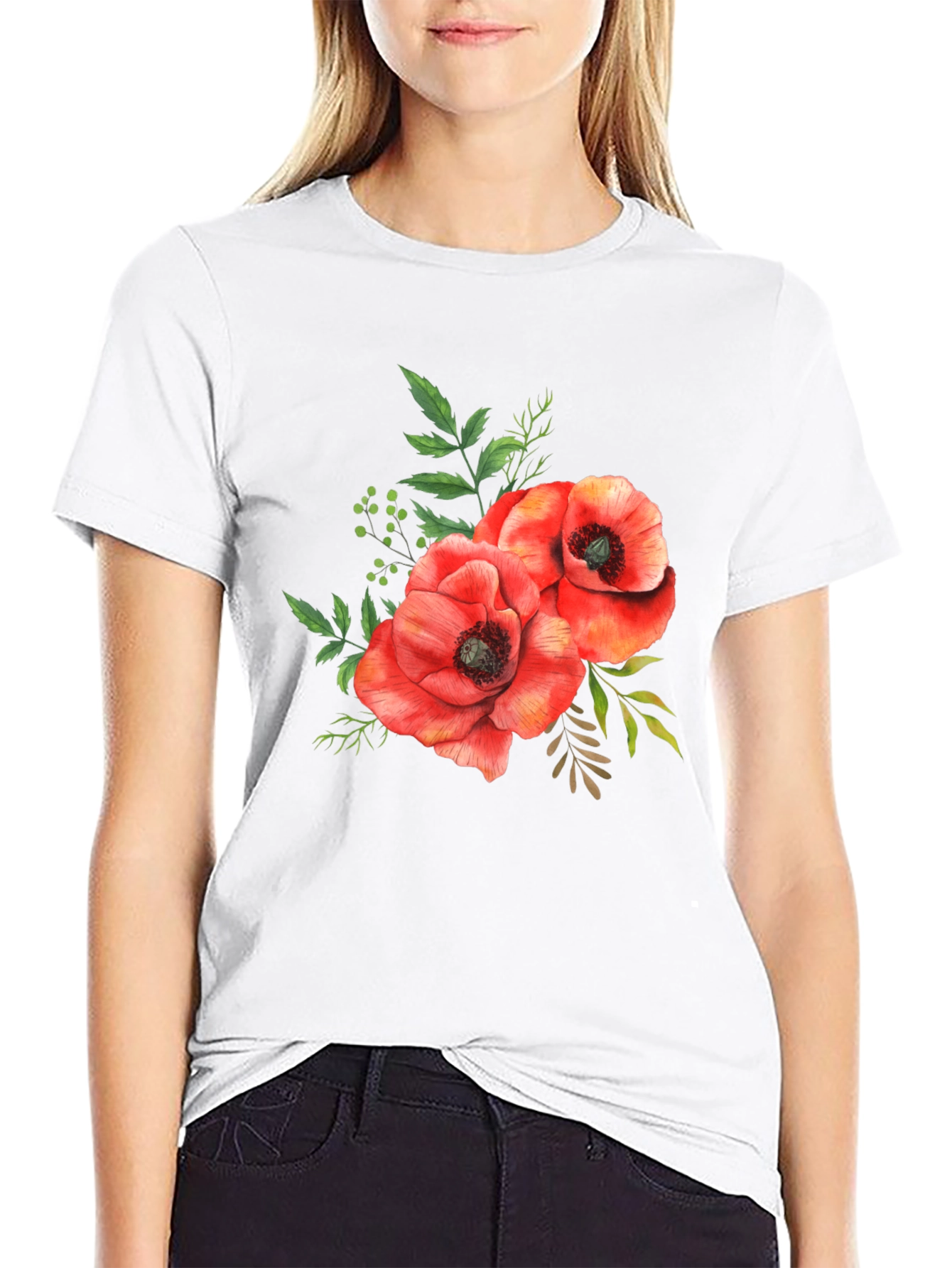 Black Floral Poppy T-Shirt - Black Cotton Tee view 9