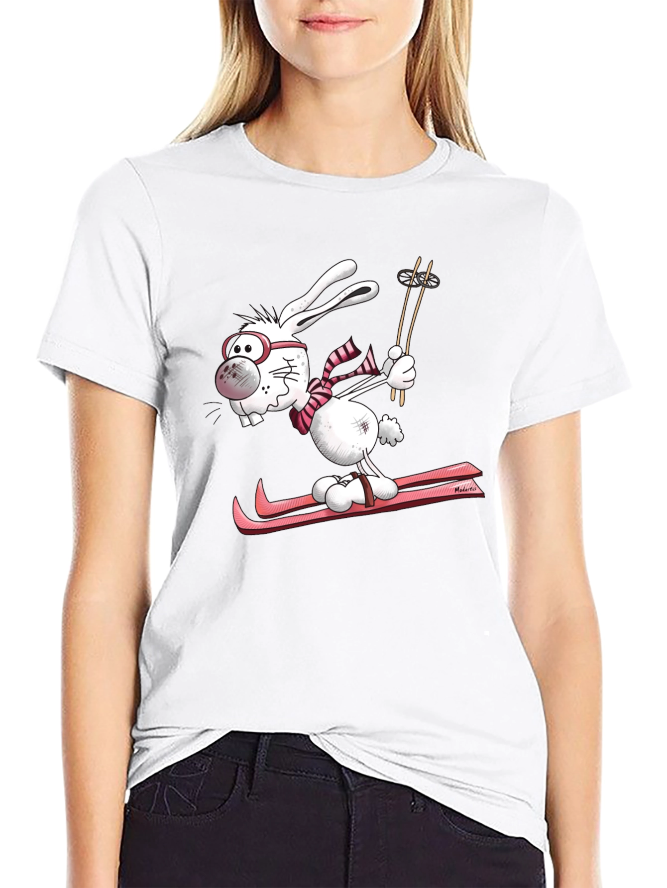 Black Skiing Bunny Graphic Tee - Unisex Black Cotton T-Shirt view 9