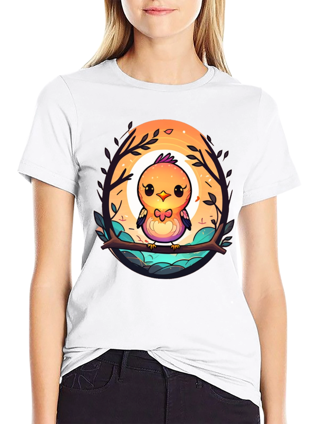 Black Cute Cartoon Bird T-Shirt - Unisex Black Tee view 9