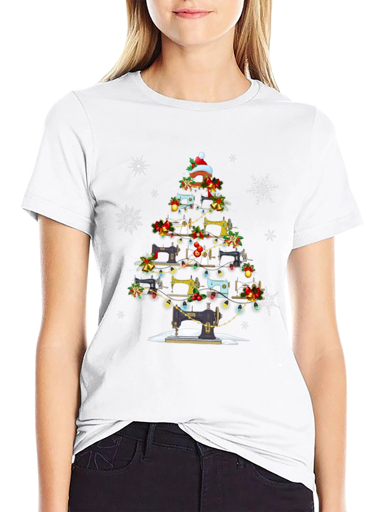 Black Sewing Machine Christmas Tree T-Shirt view 9