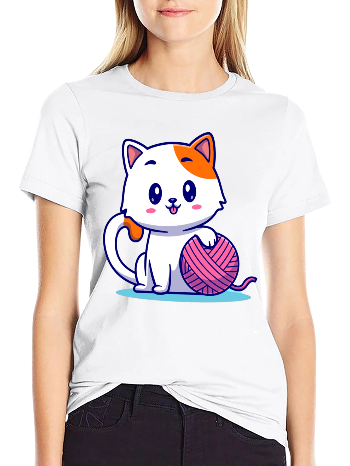 Black Cute Cartoon Cat with Yarn Ball Graphic Tee view 9