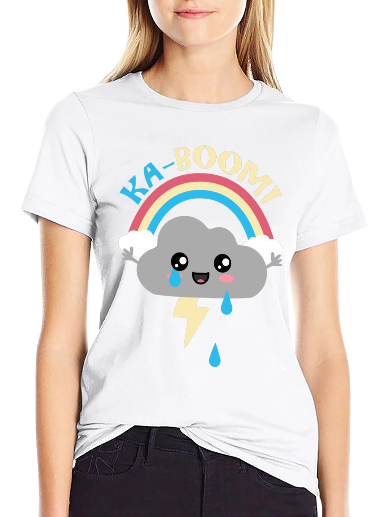 Black Ka-Boom Rainbow Cloud T-Shirt Funny Graphic Tee view 9