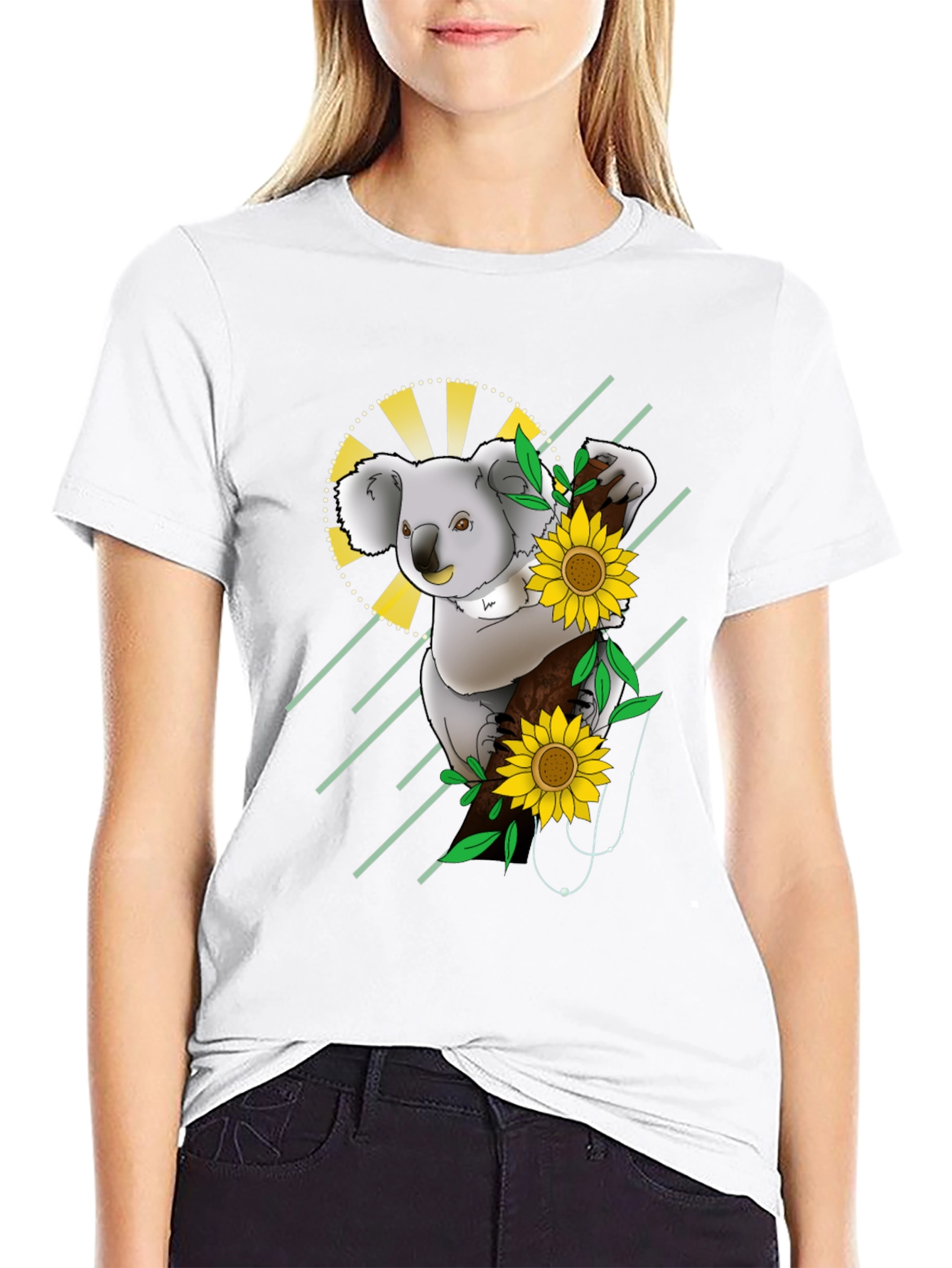 Black Koala & Sunflower Graphic Black T-Shirt view 9