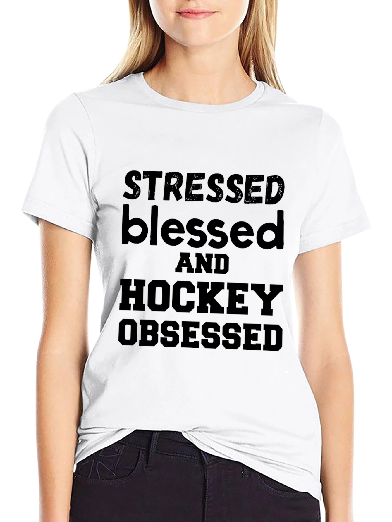 Black Stressed Blessed & Hockey Obsessed Tee view 9