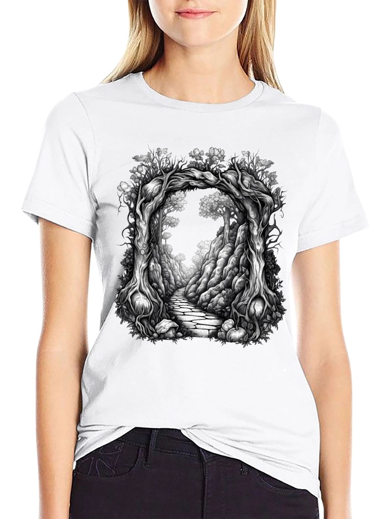 Black Enchanted Forest Tree Archway Graphic Tee view 9