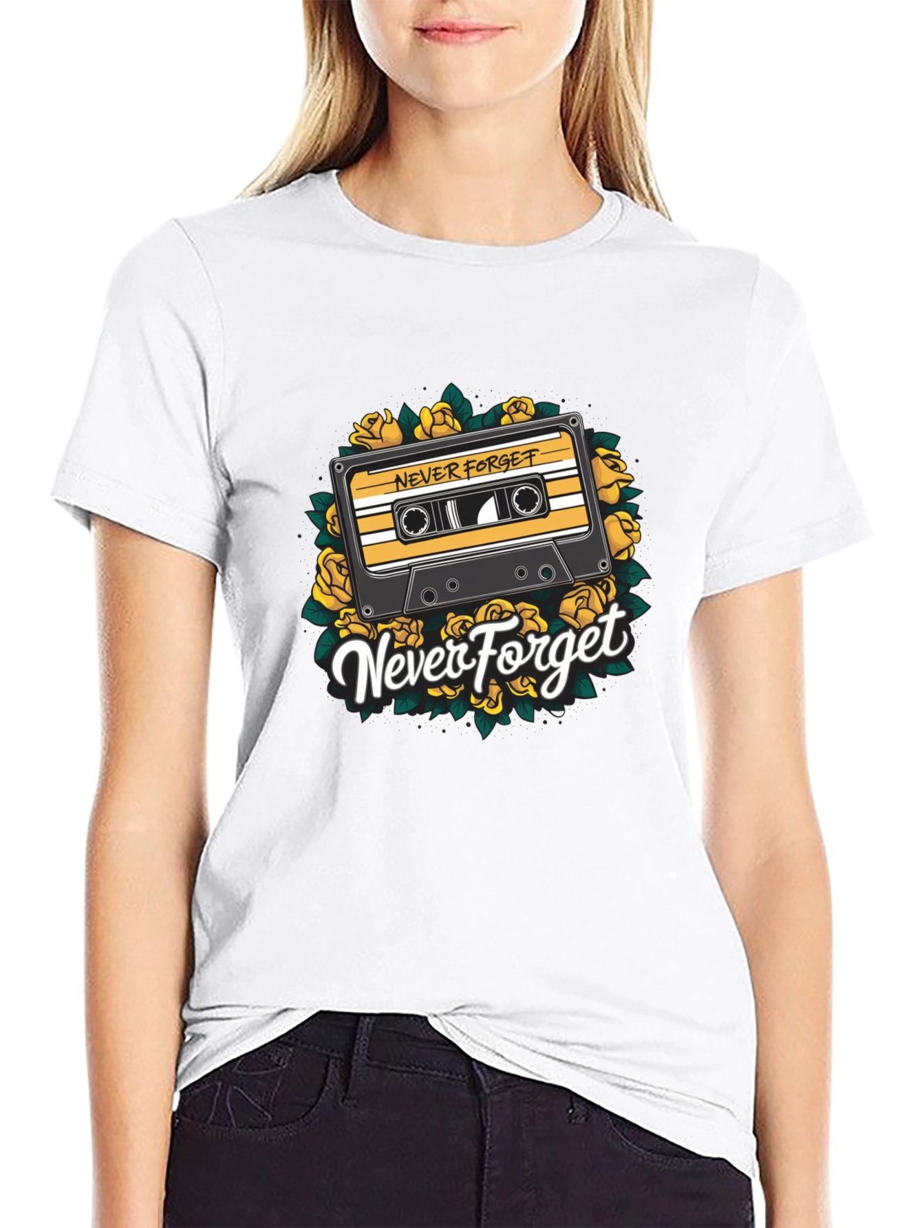 Black Retro Cassette & Roses Graphic T-Shirt - Never Forget view 9