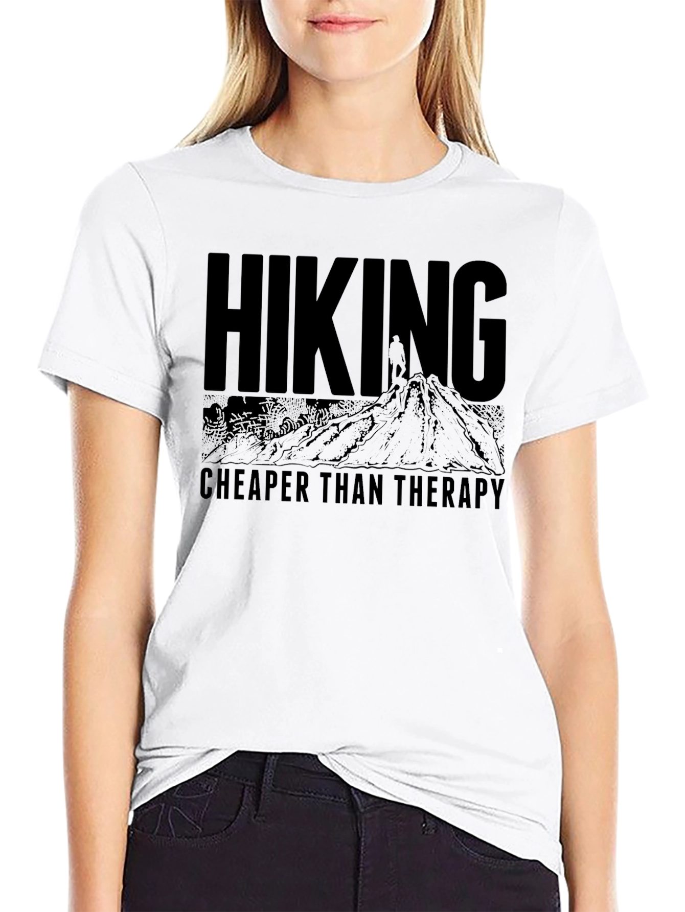 Black Hiking Cheaper Than Therapy Graphic T-Shirt view 9