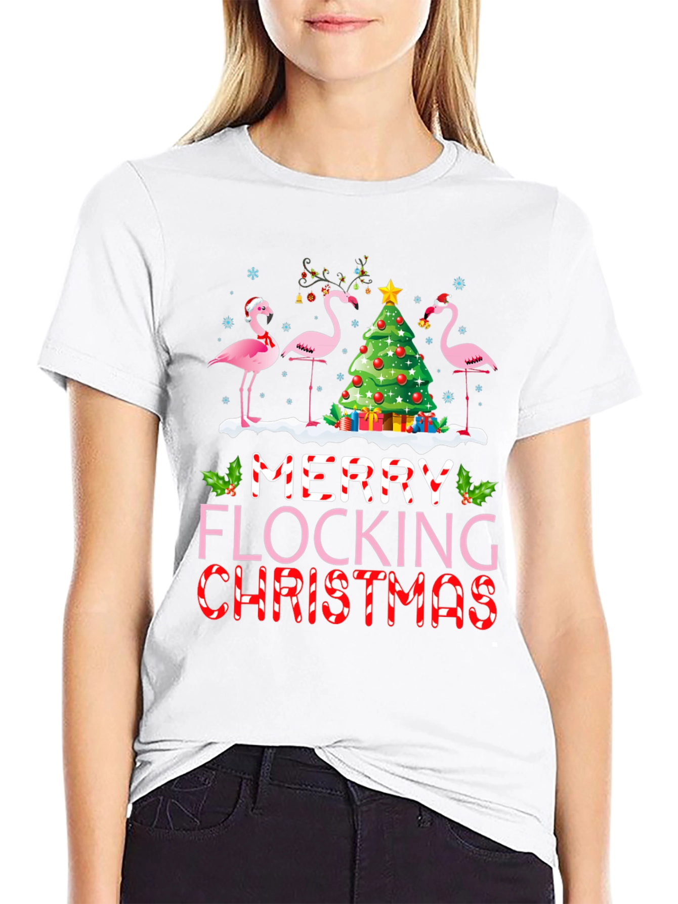 Black Merry Flocking Christmas Flamingo Holiday T-Shirt view 9