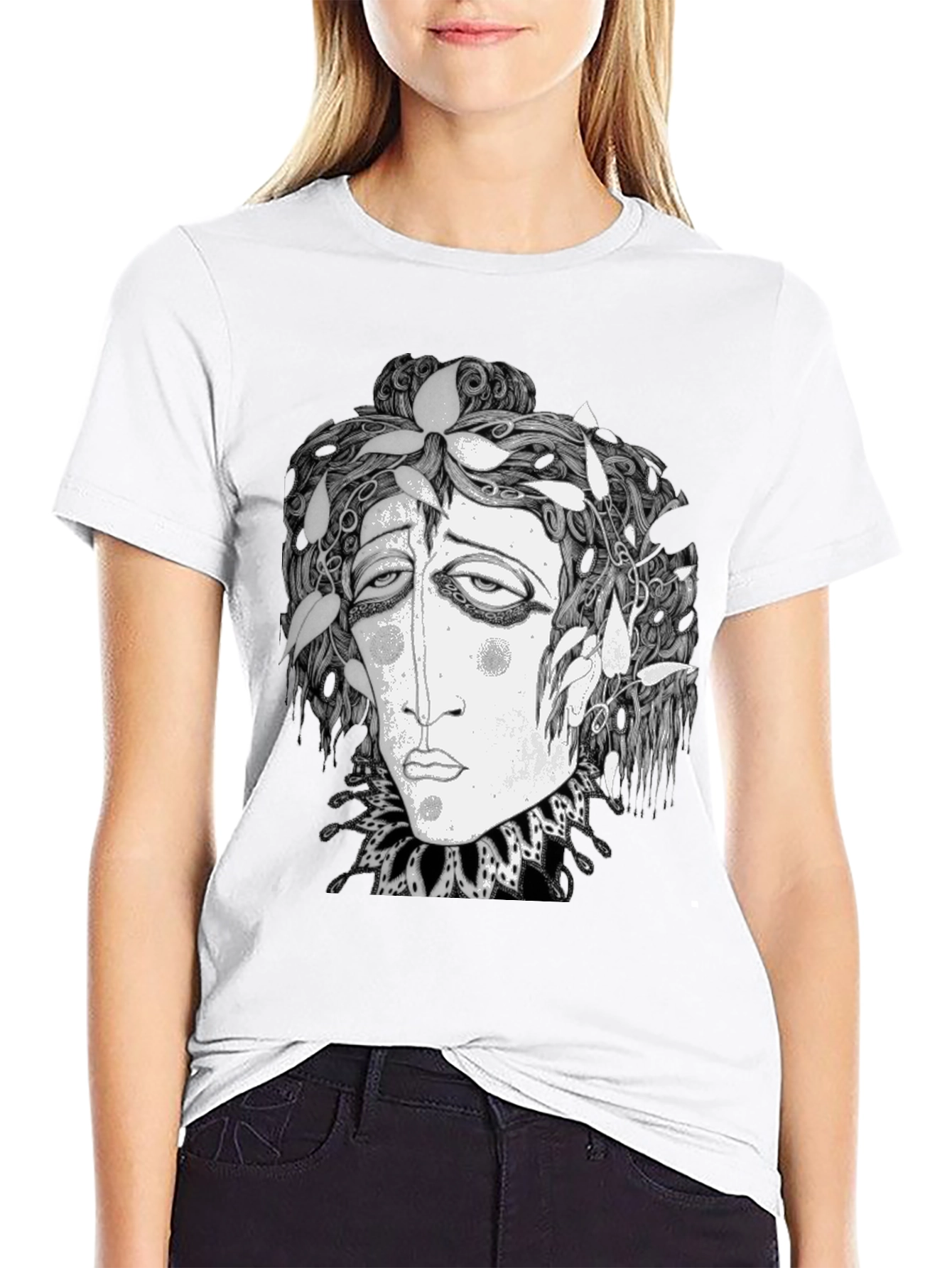 Black Surreal Face Graphic Print Black T-Shirt view 9