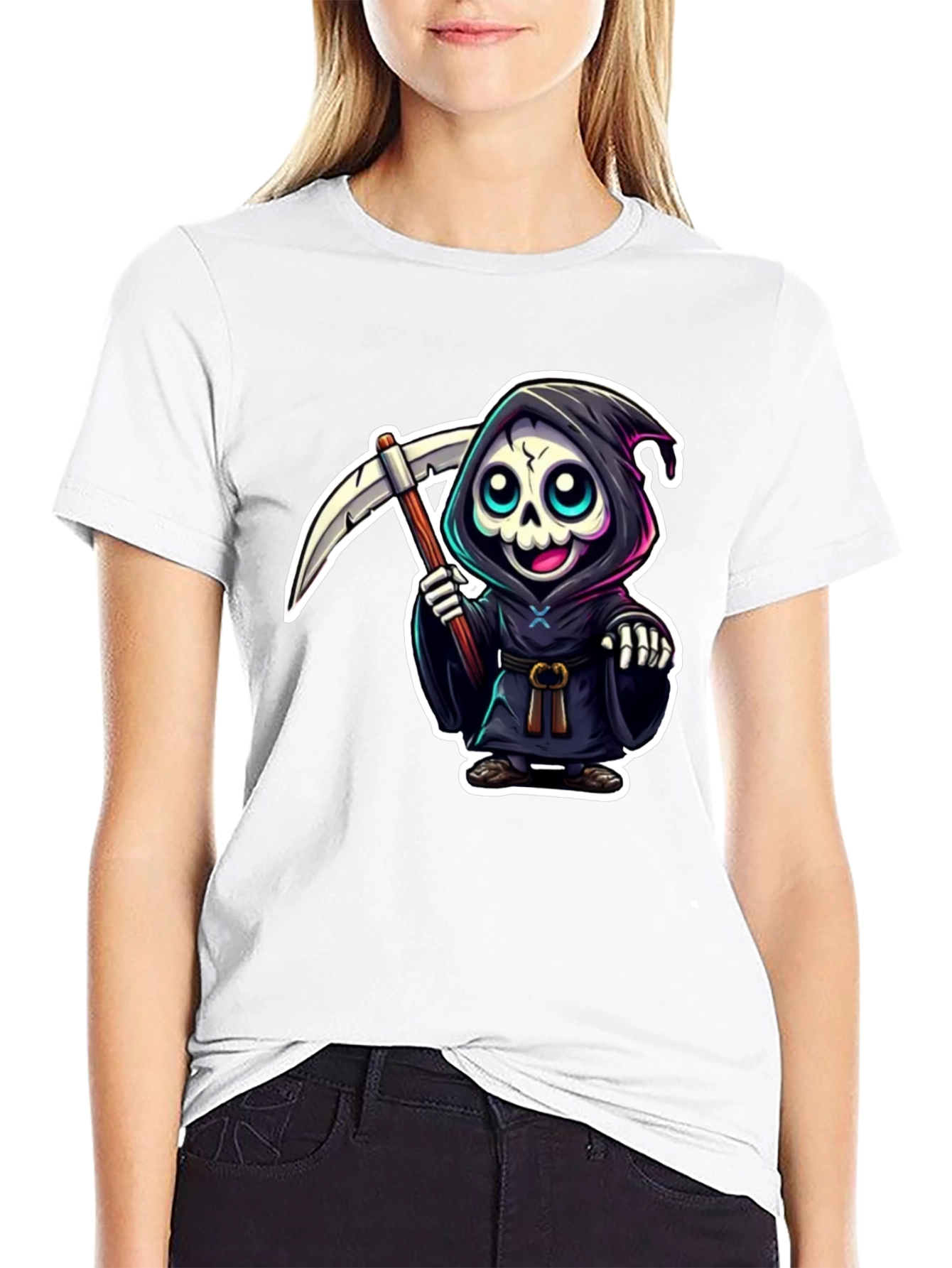 Black Grim Reaper Cartoon Graphic Black T-Shirt view 9