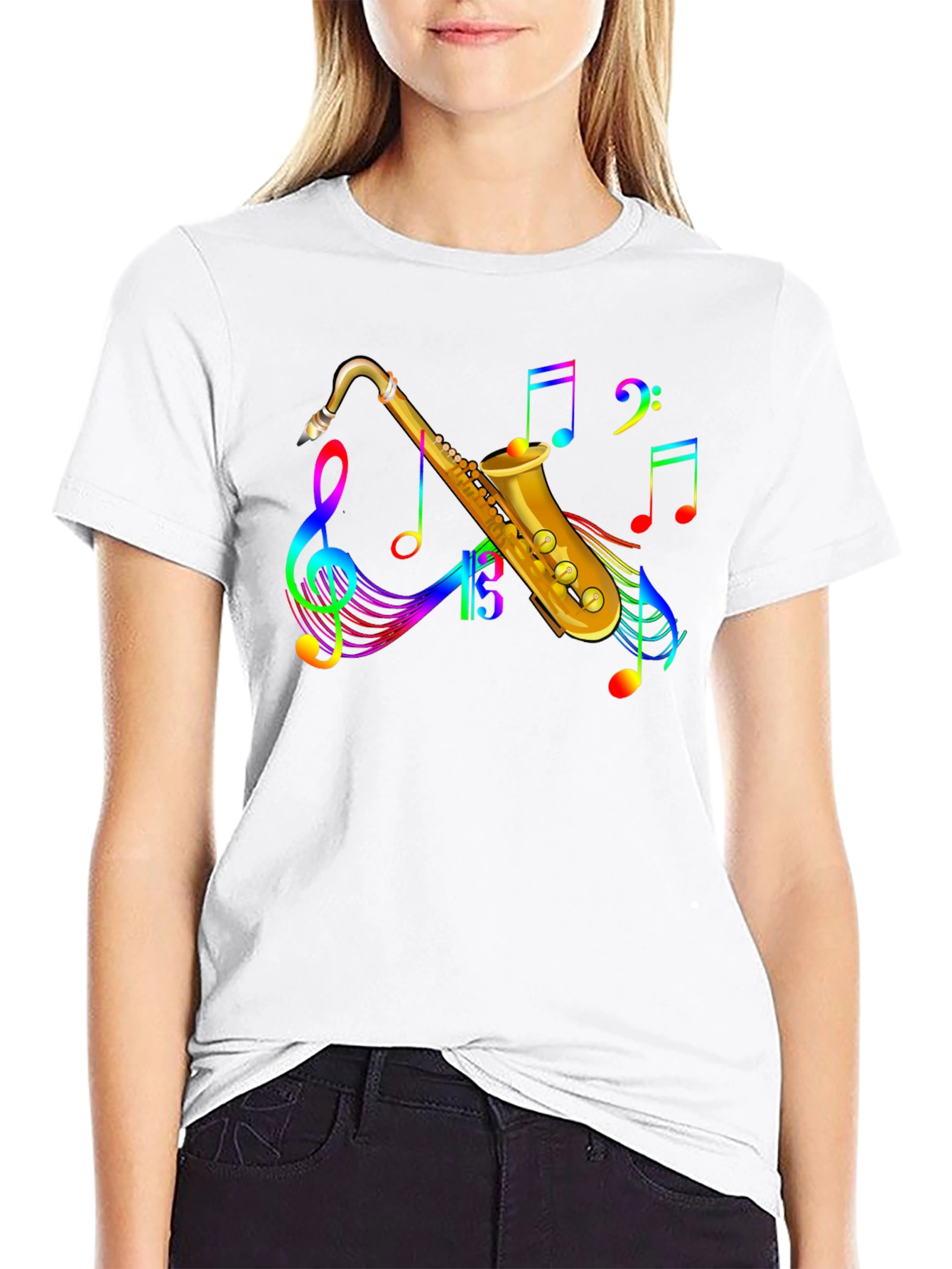 Black Rainbow Saxophone Music Notes Black T-Shirt view 9