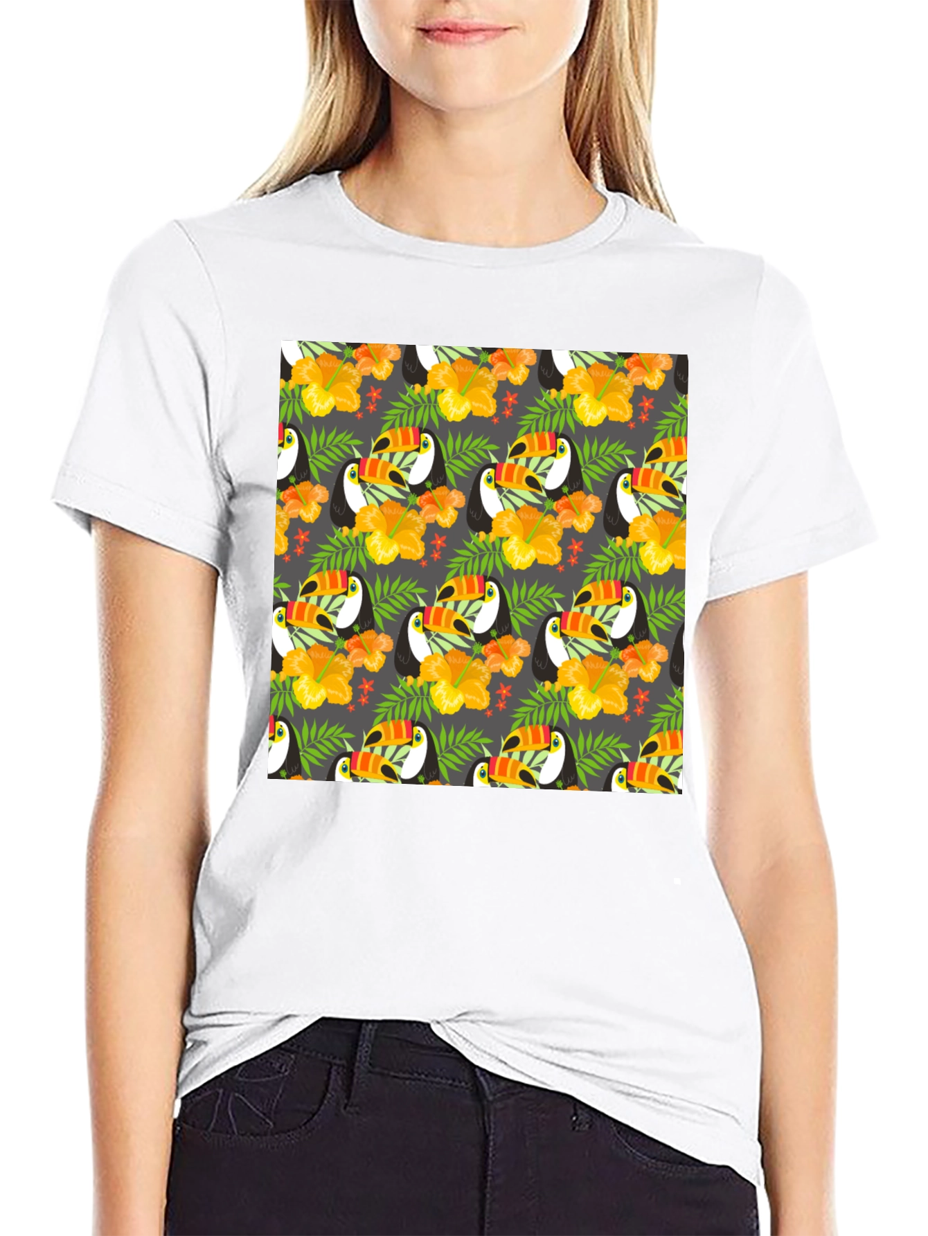 Black Tropical Toucan Print Crew Neck Tee view 9