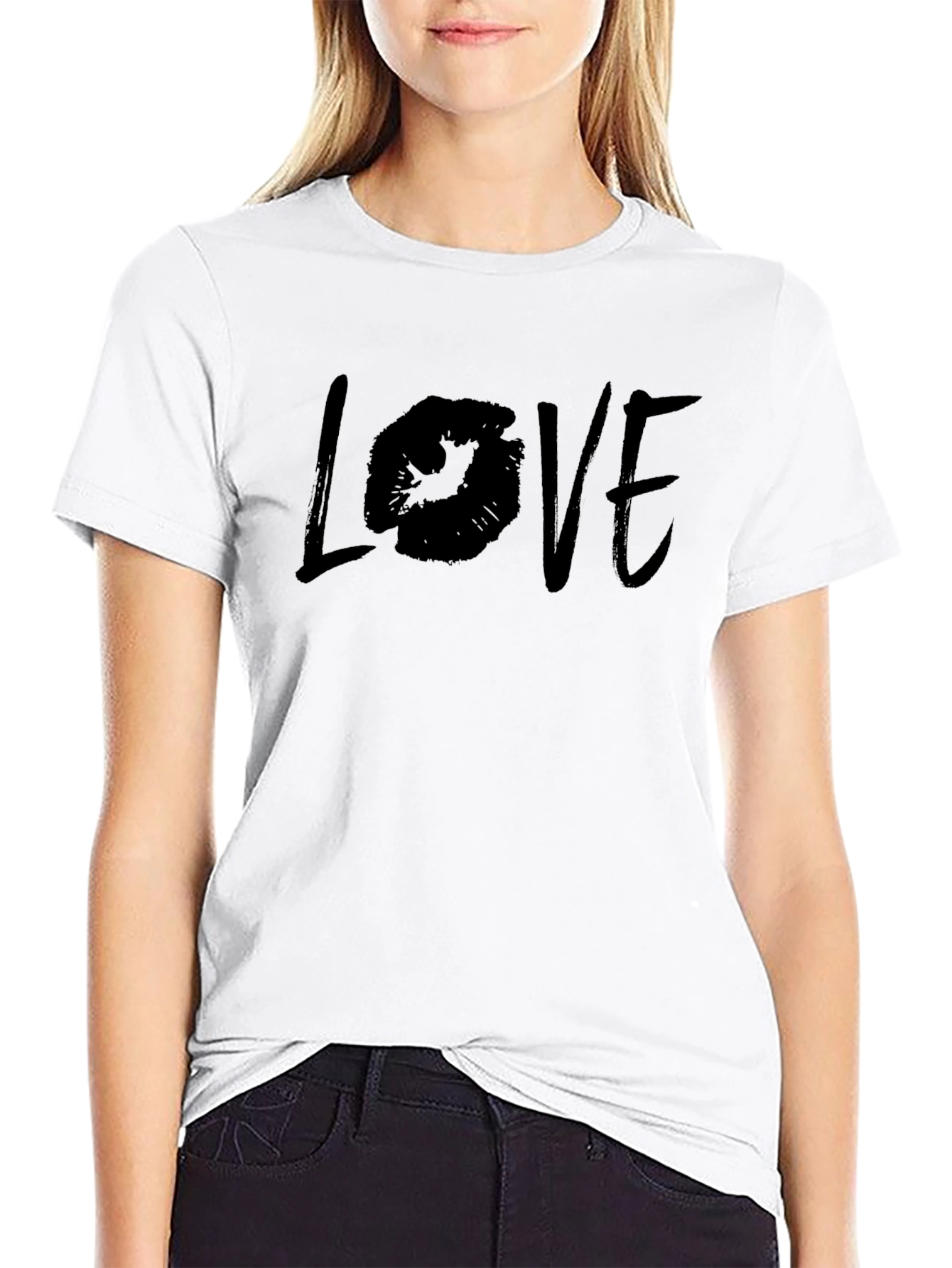 Black Love Lips Print Black Cotton T-Shirt view 9