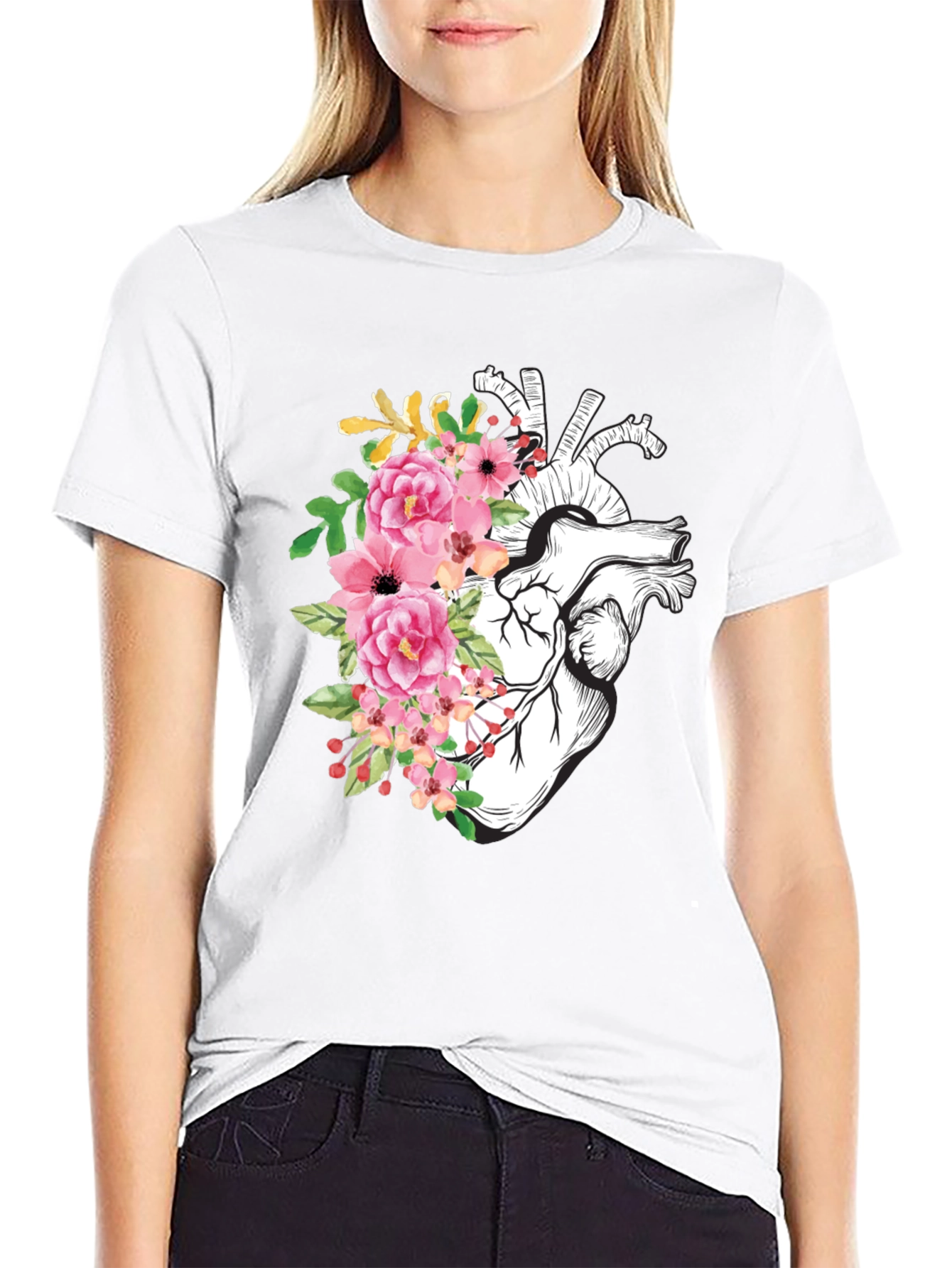 Black Floral Heart Graphic Tee - Anatomical Style view 9