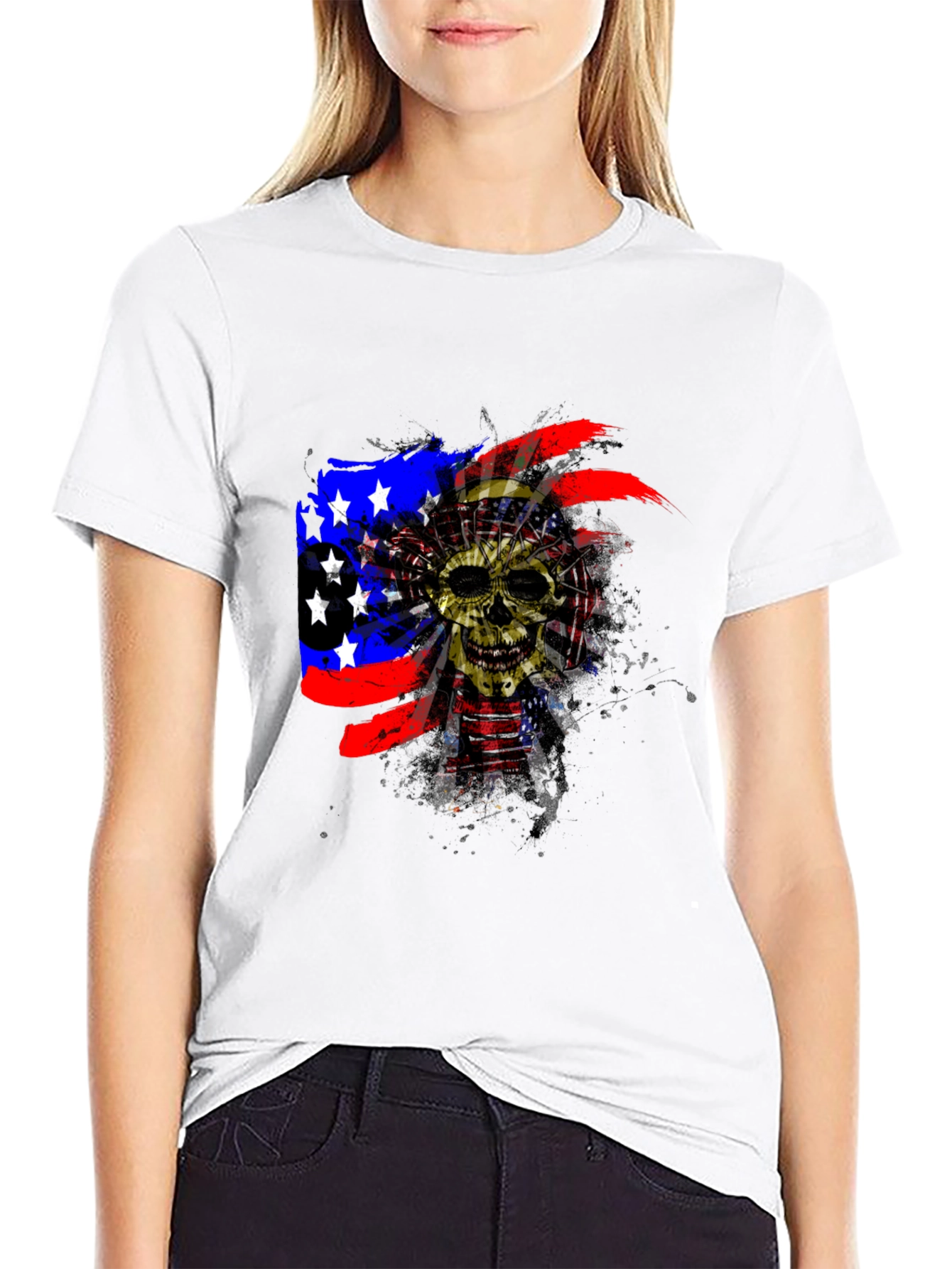Black Skull American Flag Men's Black T-Shirt view 9