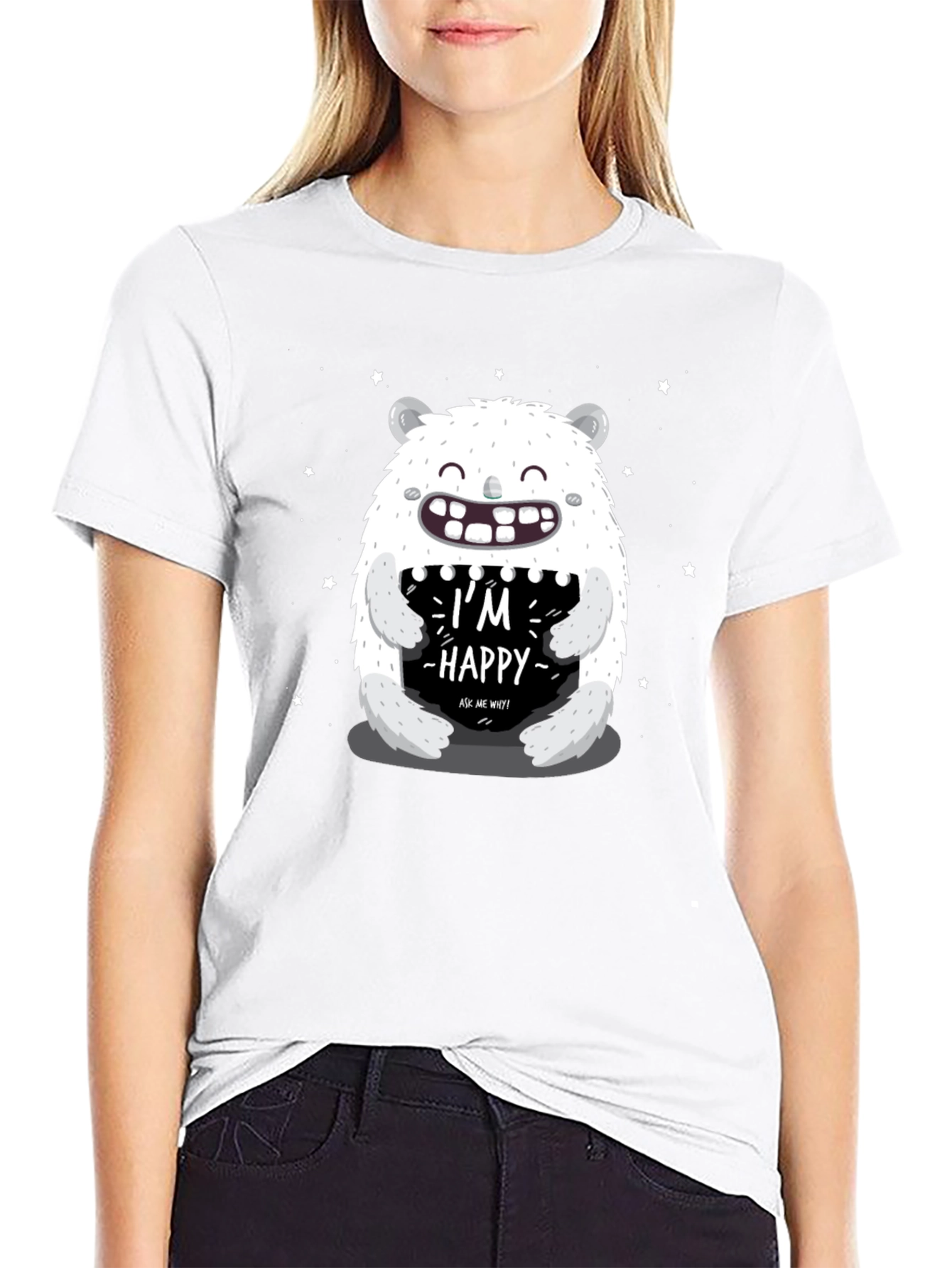 Black I'm Happy Monster Graphic Tee - Black Cotton Blend view 9