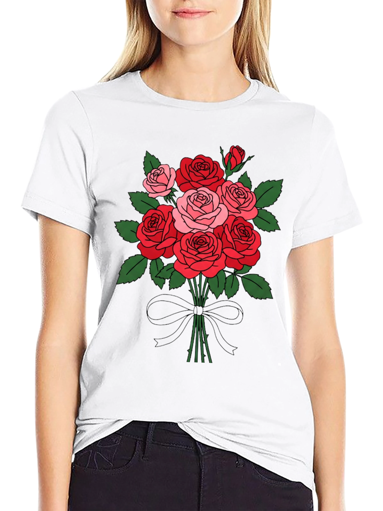 Black Floral Bouquet T-Shirt: Roses and Bow view 9