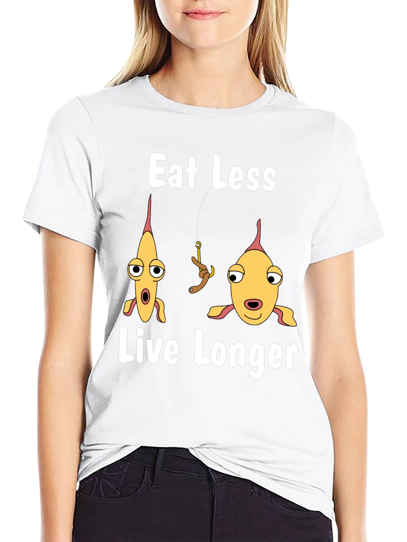 Black Eat Less Live Longer Funny Fish Graphic T-Shirt view 9
