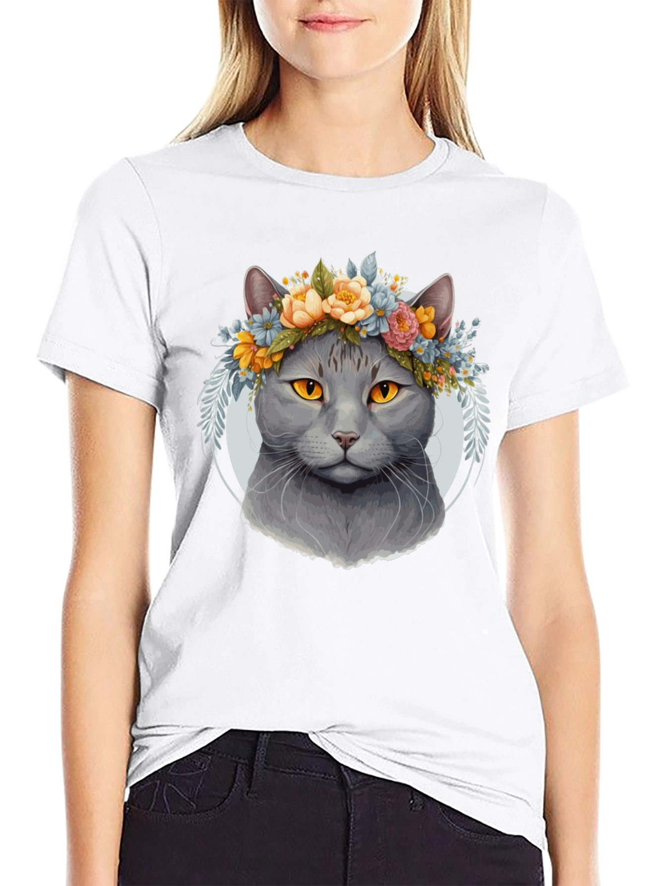 Black Cat Flower Crown Graphic Tee - Unique Style view 9