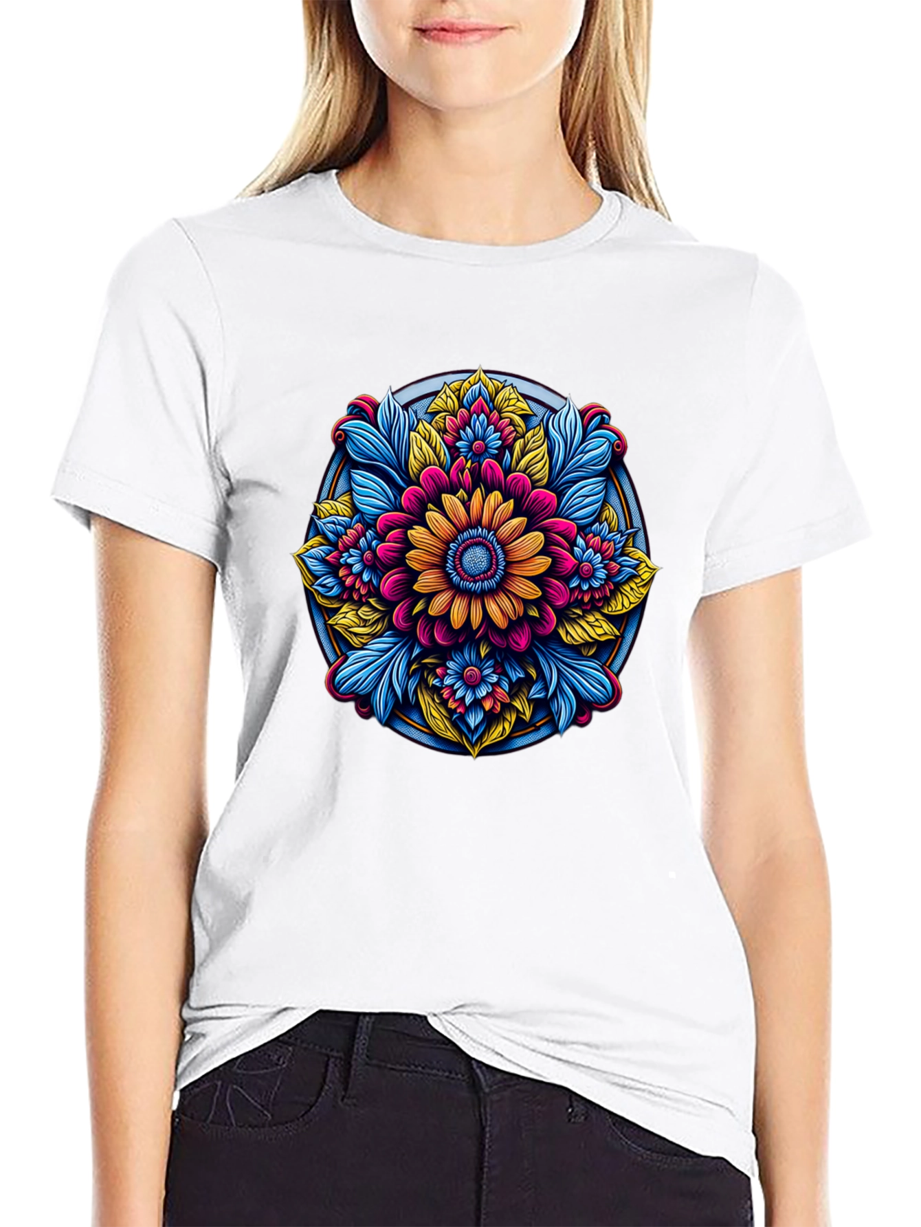 Black Floral Mandala Graphic Black T-Shirt view 9