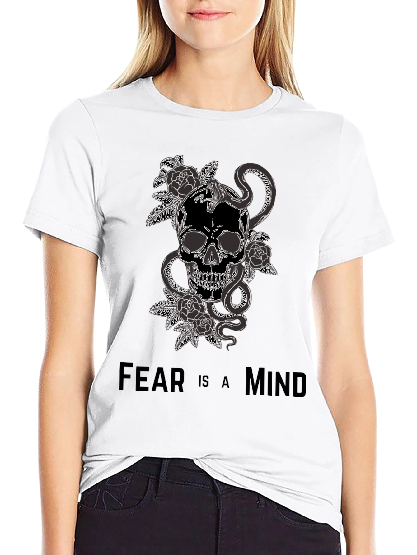 Black Skull Snake and Roses Graphic T-Shirt - Fear is a Mind view 9