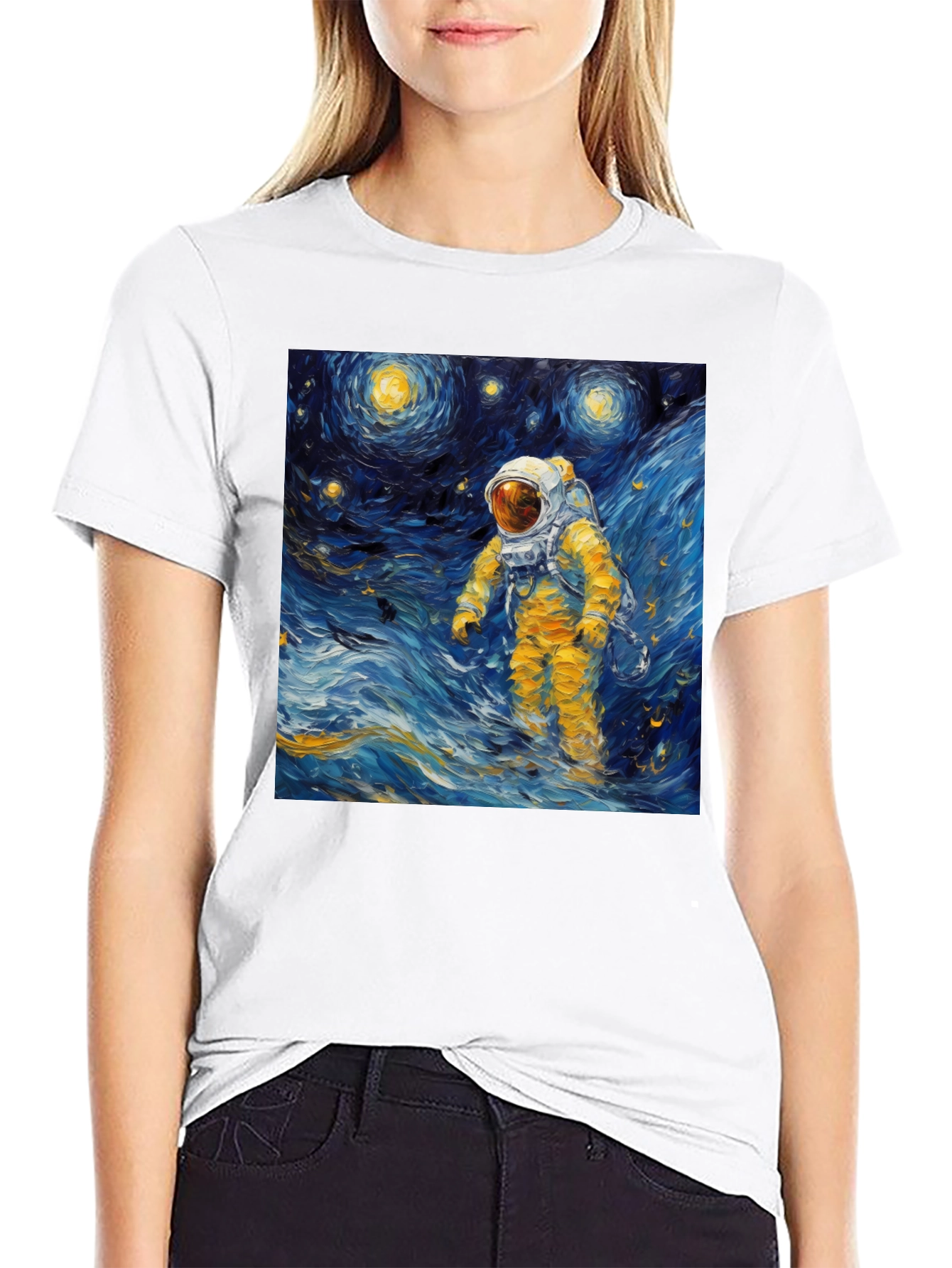 Black Starry Night Astronaut Graphic Tee view 9