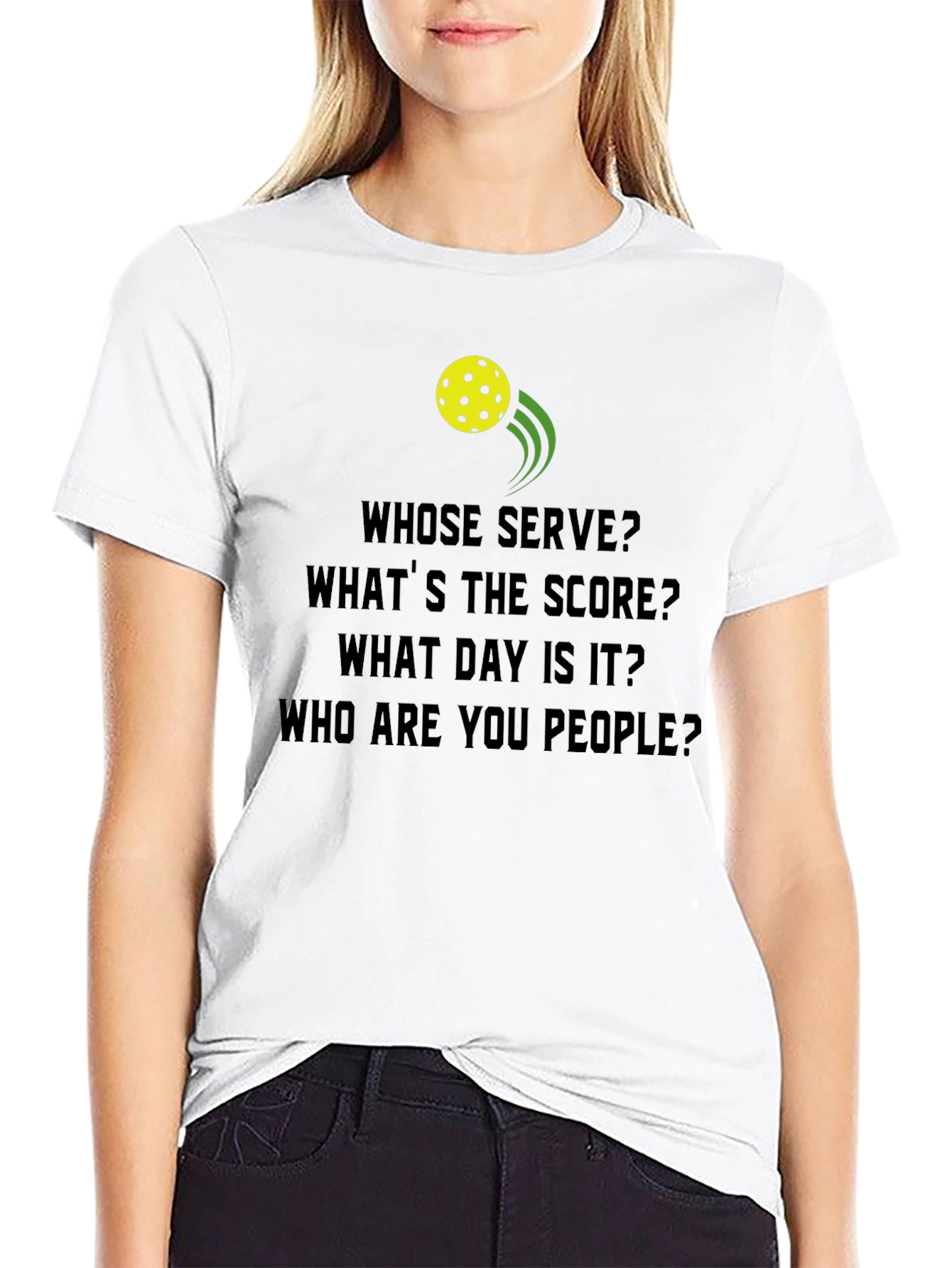 Black Pickleball T-Shirt: Whose Serve? Funny Player Tee view 9