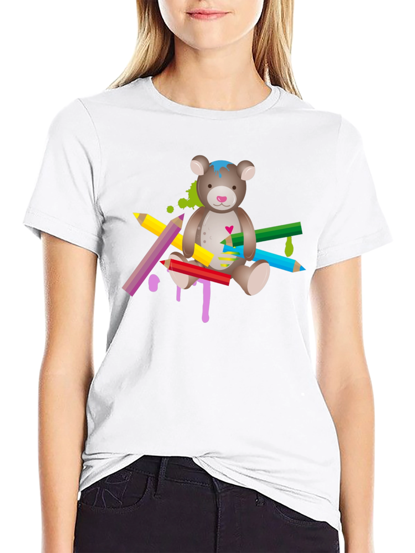 Black Cute Teddy Bear & Colorful Pencils Graphic T-Shirt - Unisex view 9