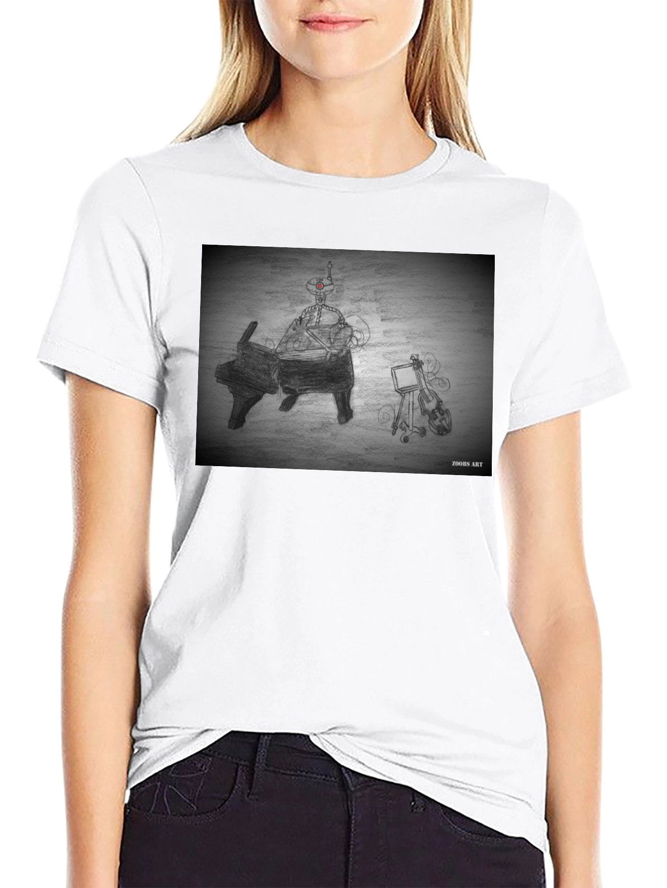 Black Robot Musician Tee - Artistic Black T-Shirt view 9