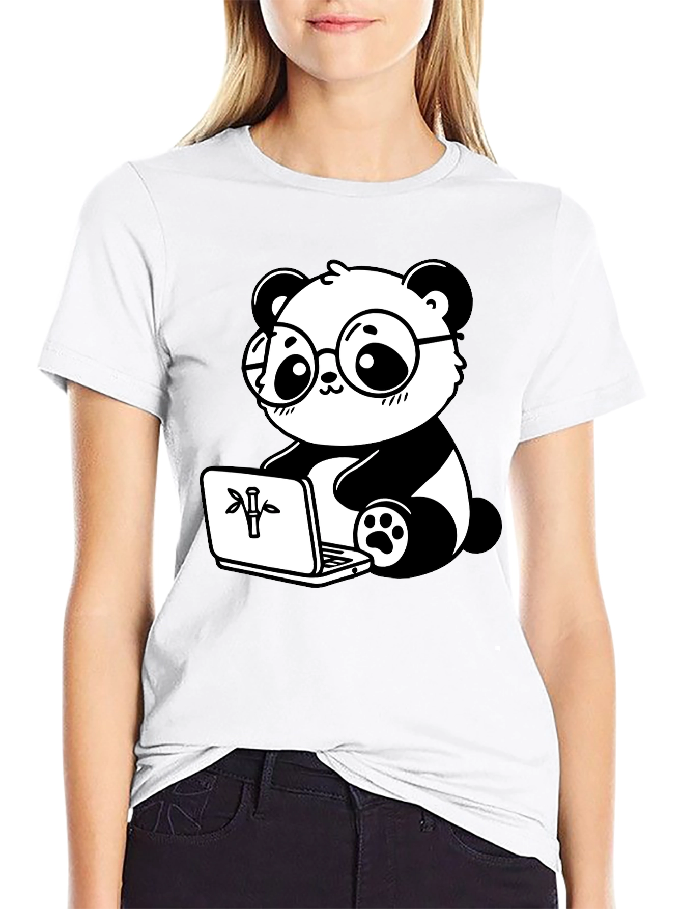 Black Cute Panda Laptop Graphic T-Shirt view 9