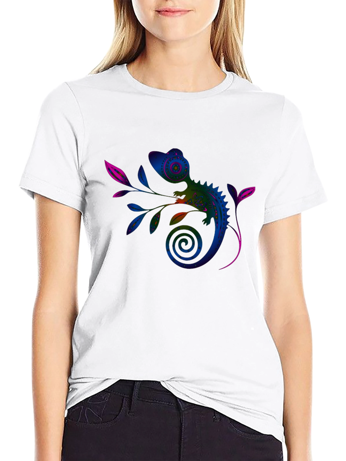 Black Vivid Chameleon Graphic Tee - Black Casual T-Shirt view 9