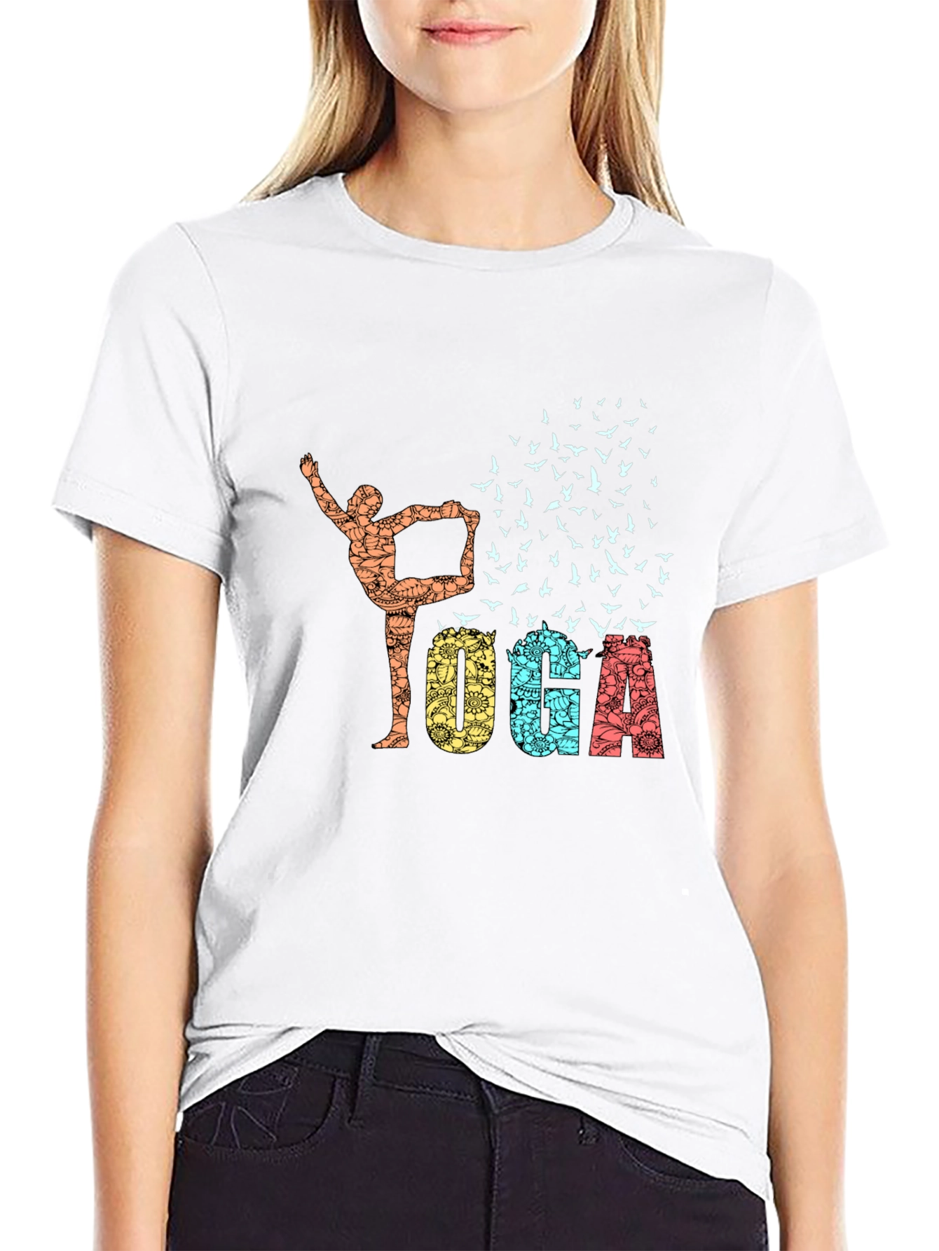 Black Yoga Pose & Birds Graphic Print Black T-Shirt view 9